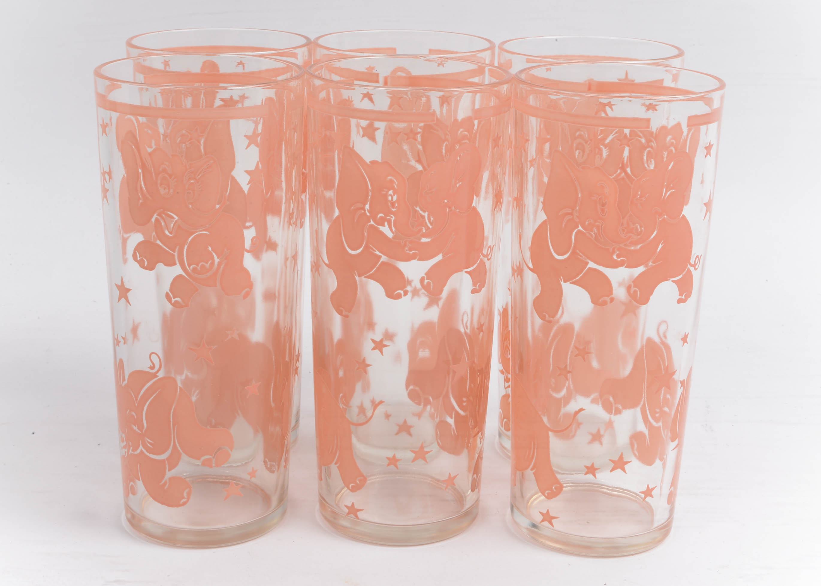 Set of Six Hazel Atlas Mid Century Pink Elephant Glasses