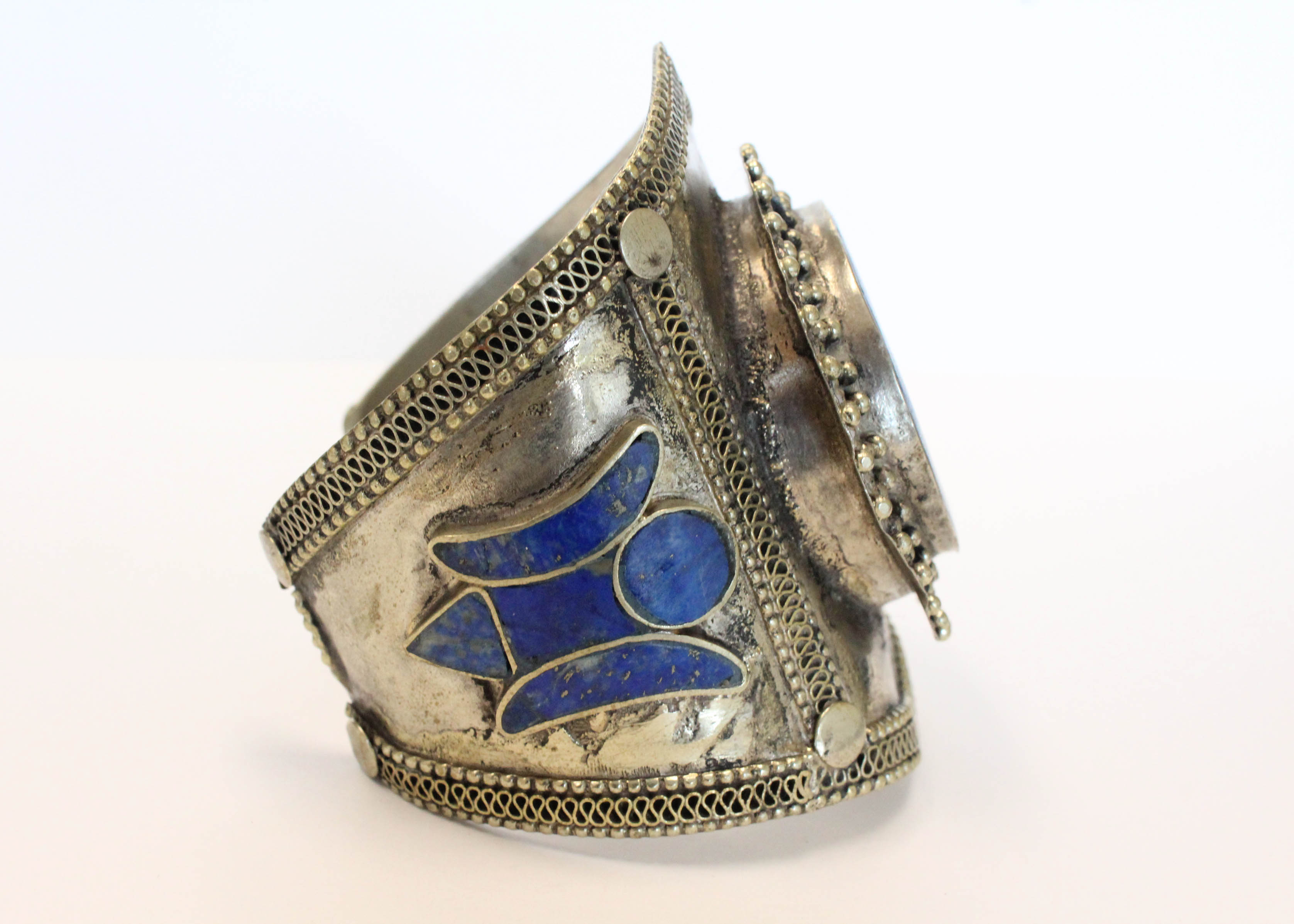 Silver Tone Cuff Bracelet with Lapis Lazuli