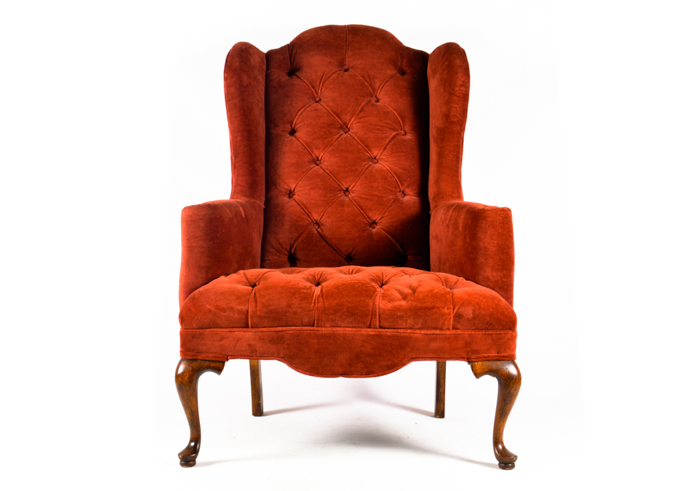 Queen Anne Wingback Chair with Brick Red Velvet Upholstery