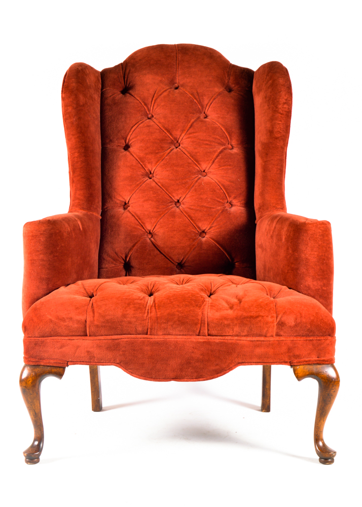 Queen Anne Wingback Chair with Brick Red Velvet Upholstery