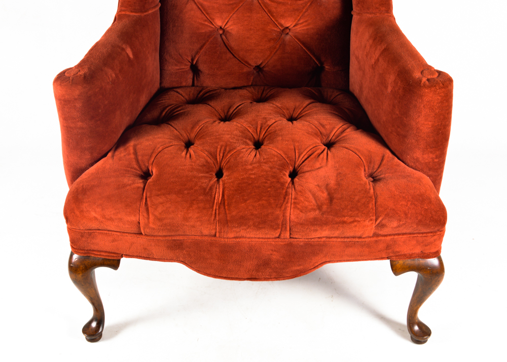Queen Anne Wingback Chair with Brick Red Velvet Upholstery