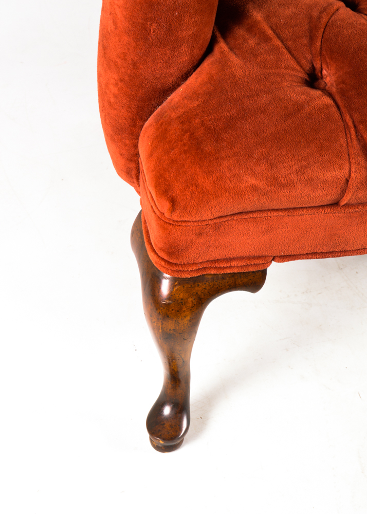 Queen Anne Wingback Chair with Brick Red Velvet Upholstery
