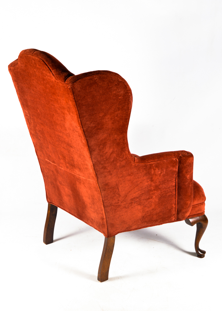 Queen Anne Wingback Chair with Brick Red Velvet Upholstery