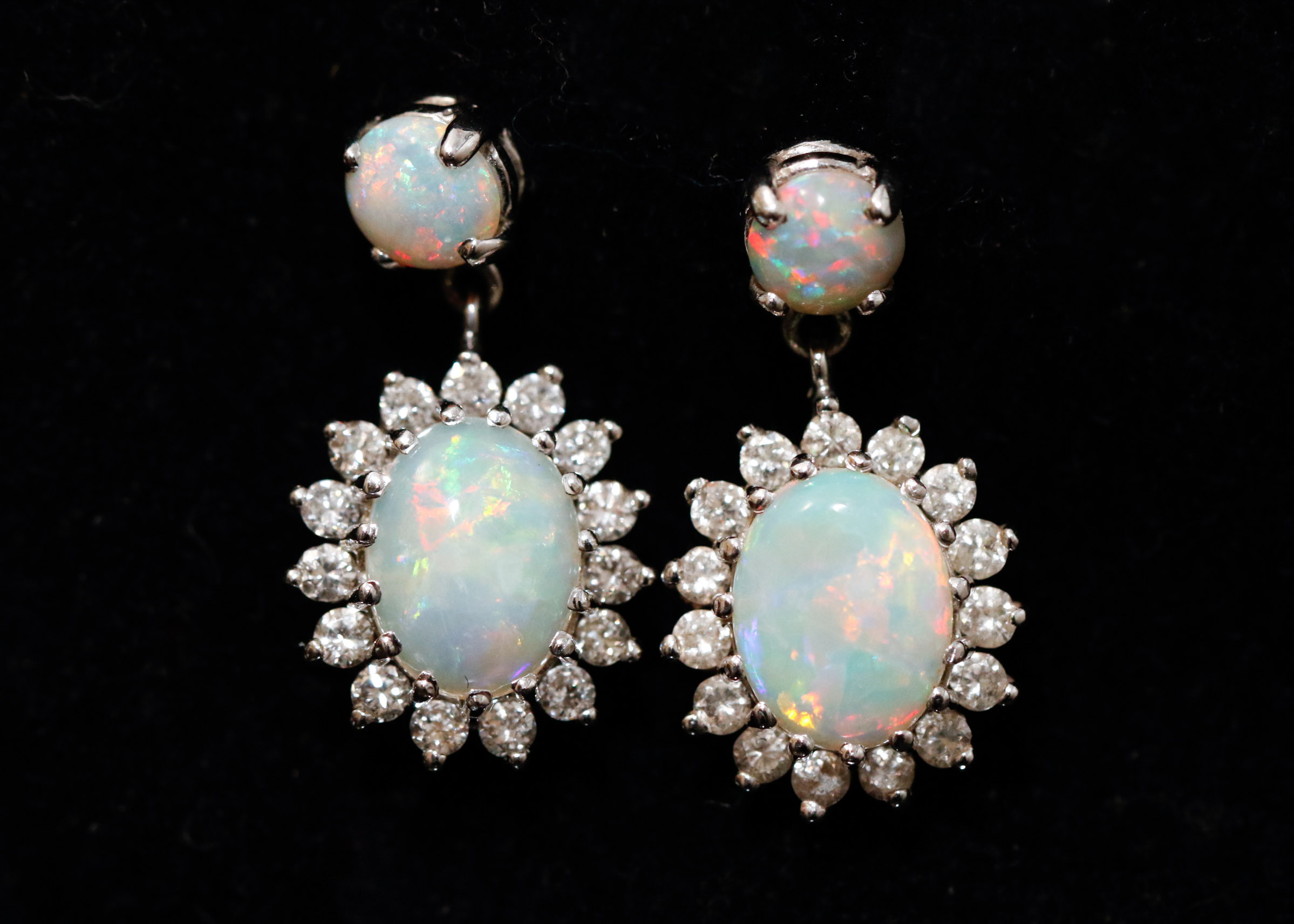14K White Gold Opal and Diamond Dangle Earrings