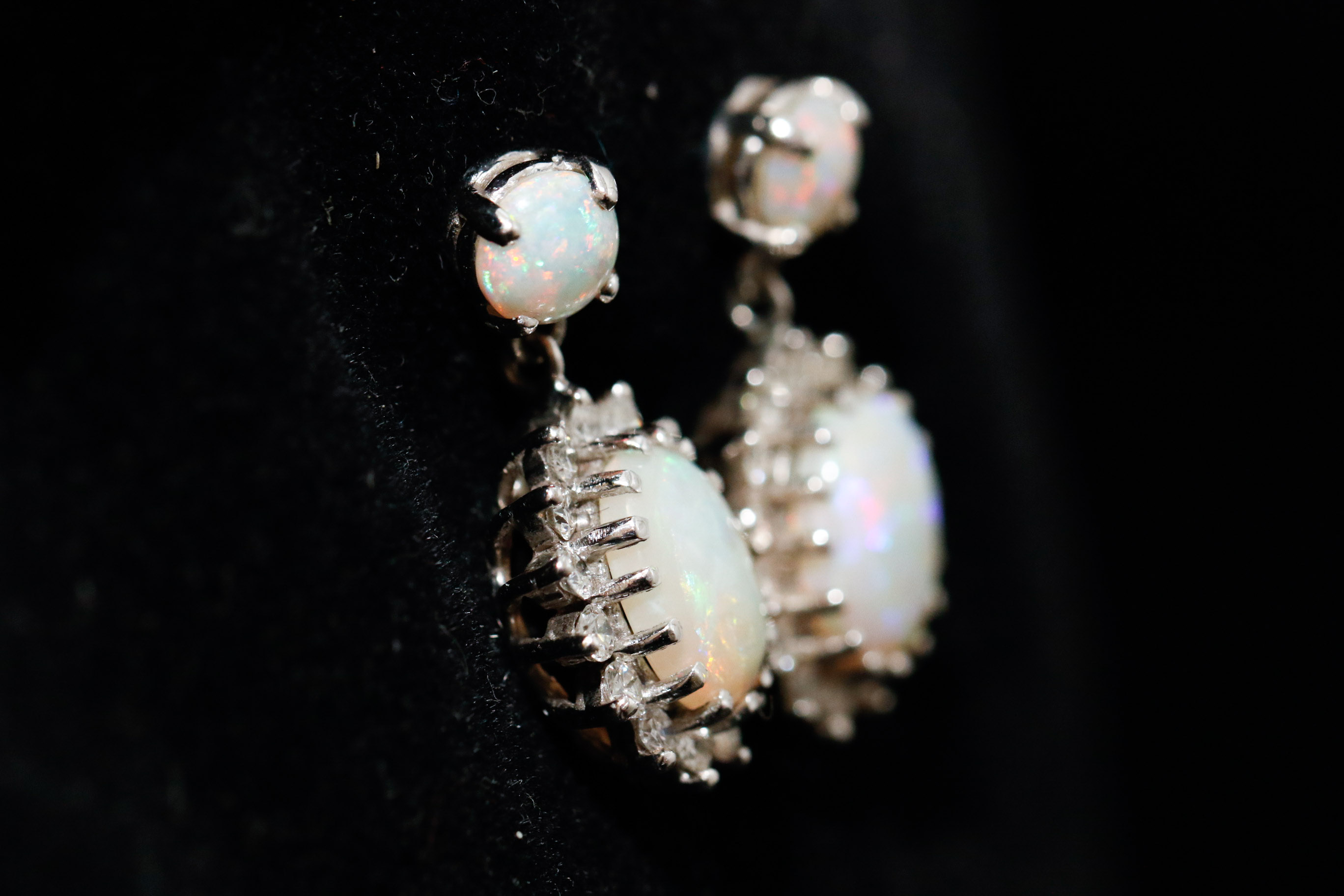 14K White Gold Opal and Diamond Dangle Earrings