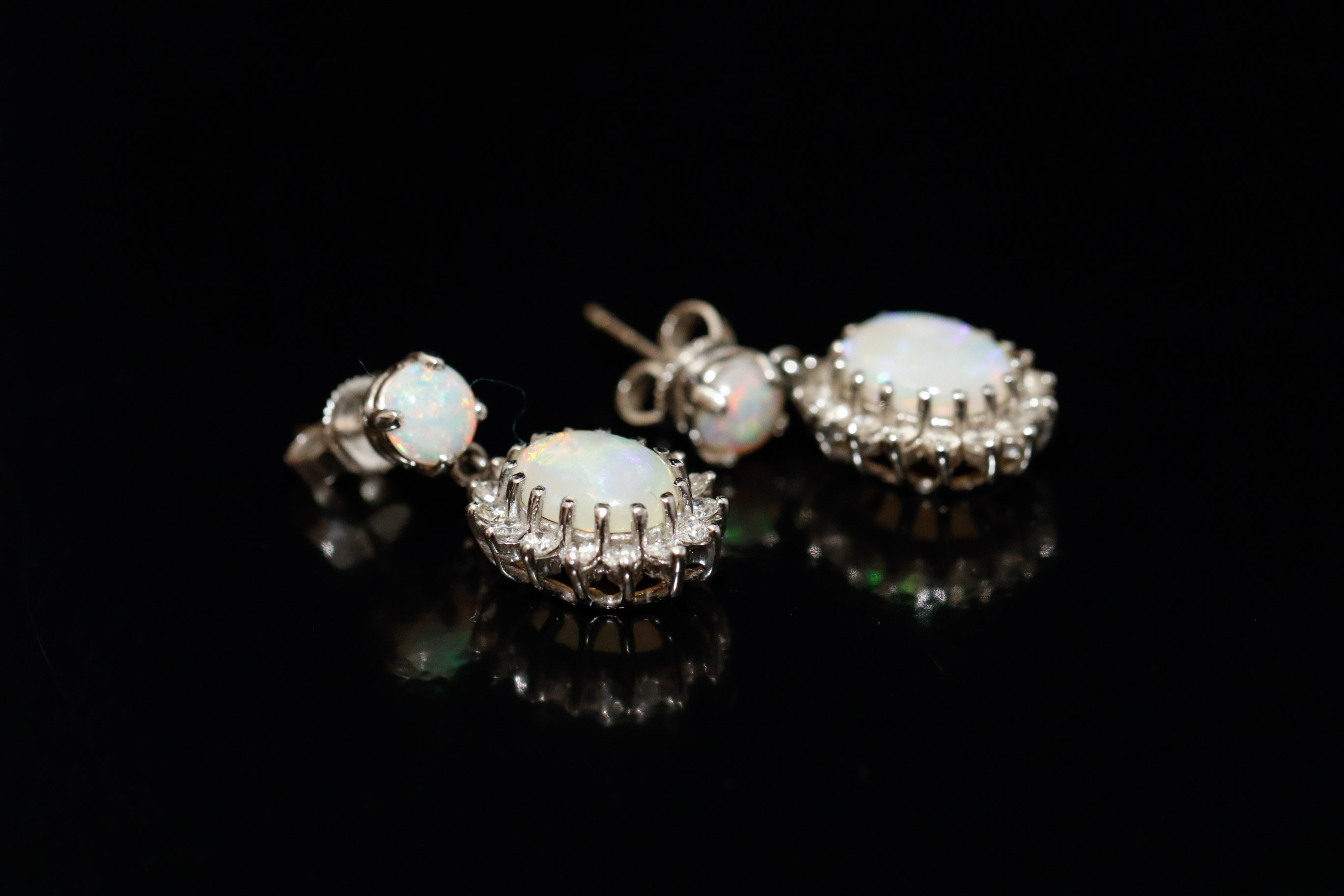 14K White Gold Opal and Diamond Dangle Earrings