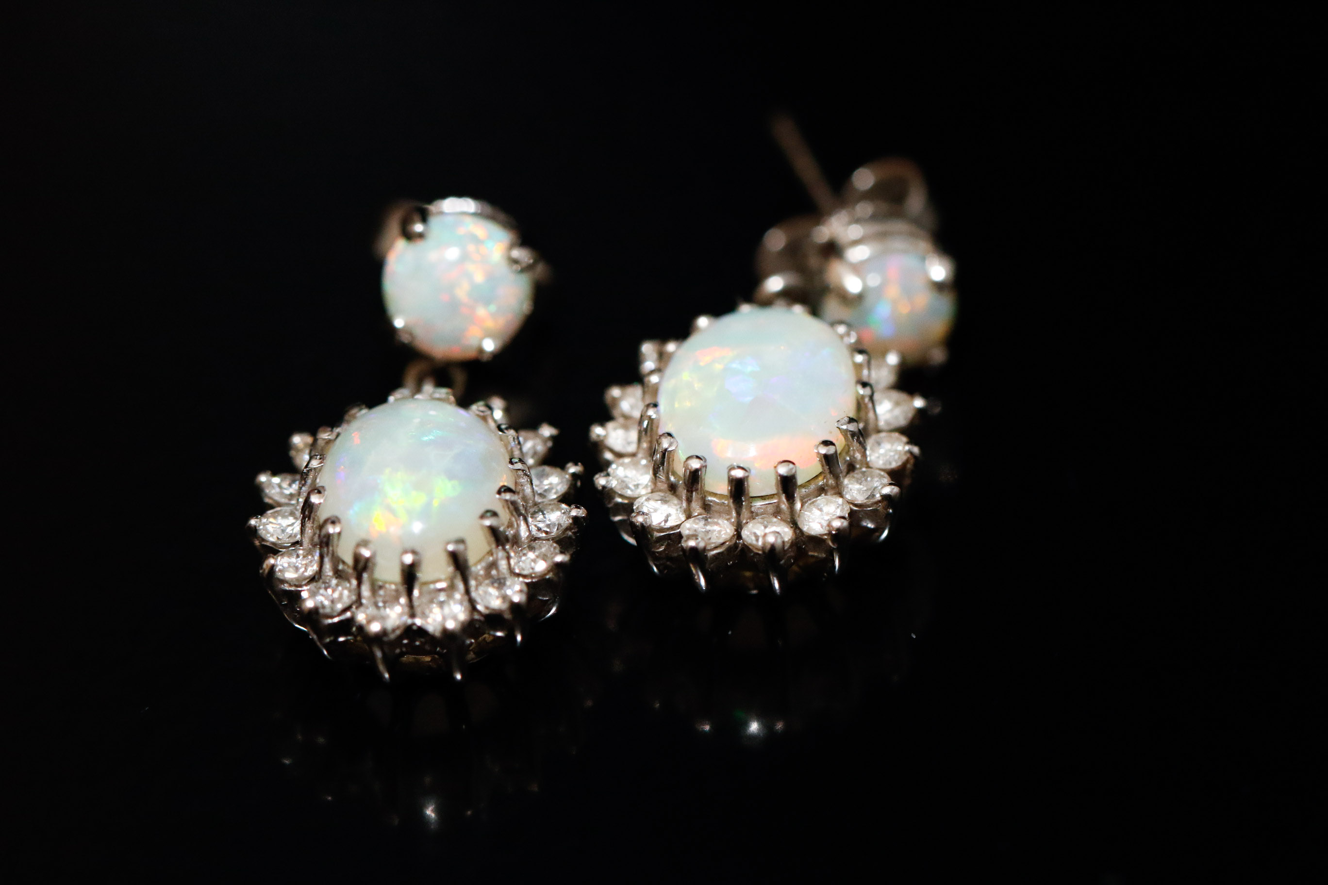 14K White Gold Opal and Diamond Dangle Earrings