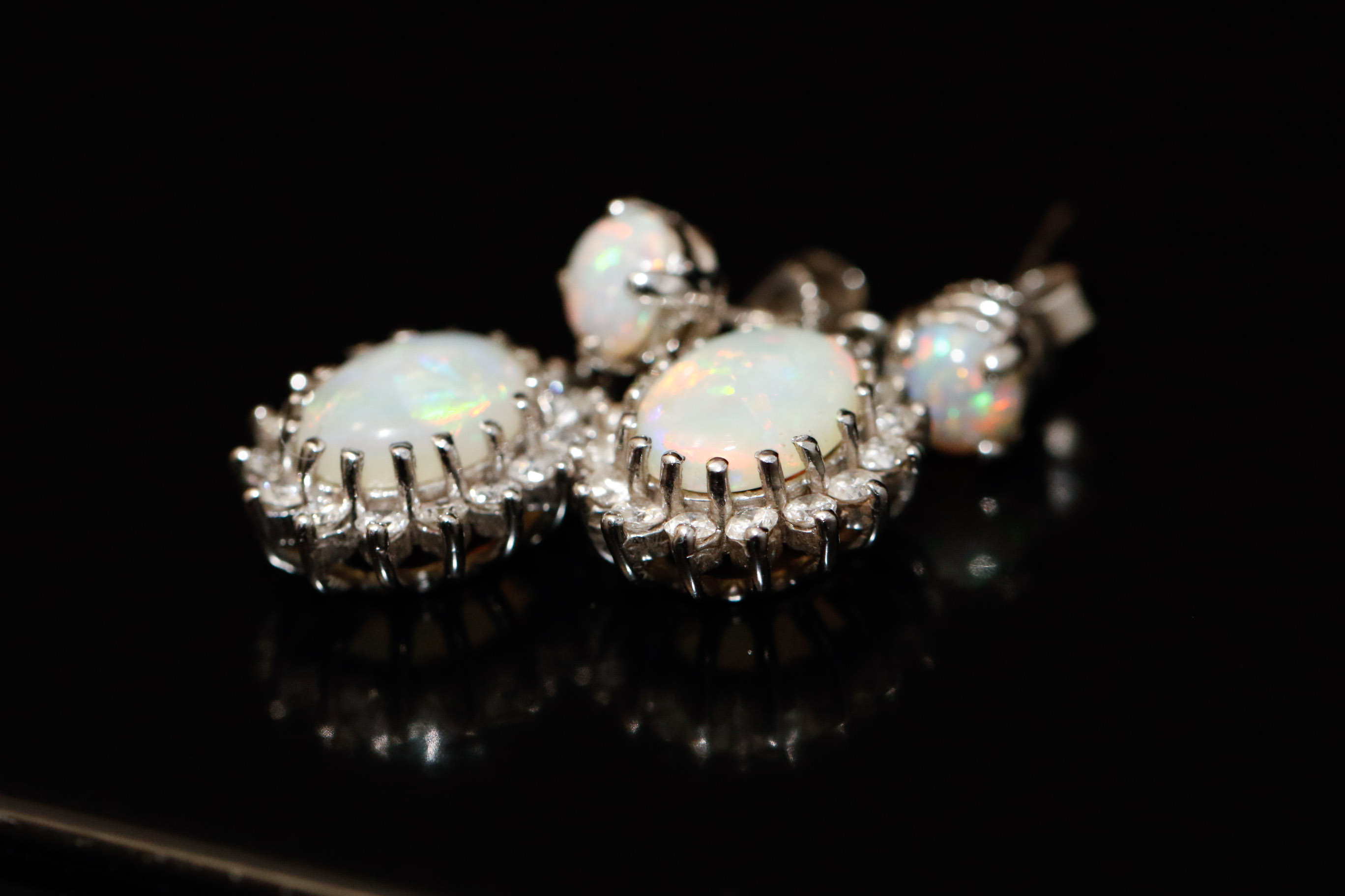 14K White Gold Opal and Diamond Dangle Earrings