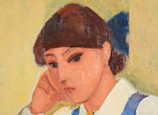 Roland Huston Oil Portrait of Woman in Blue Jumper