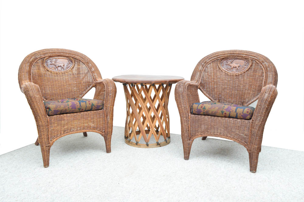 Wicker Chair and Leather Table Set