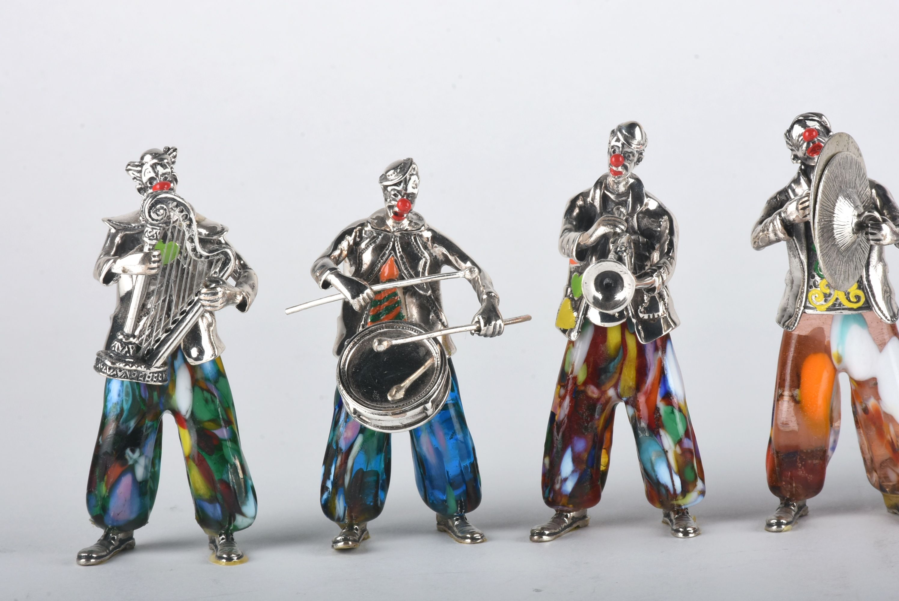 Vittorio Angini Sterling Silver and Murano Glass Clown Band Figurines