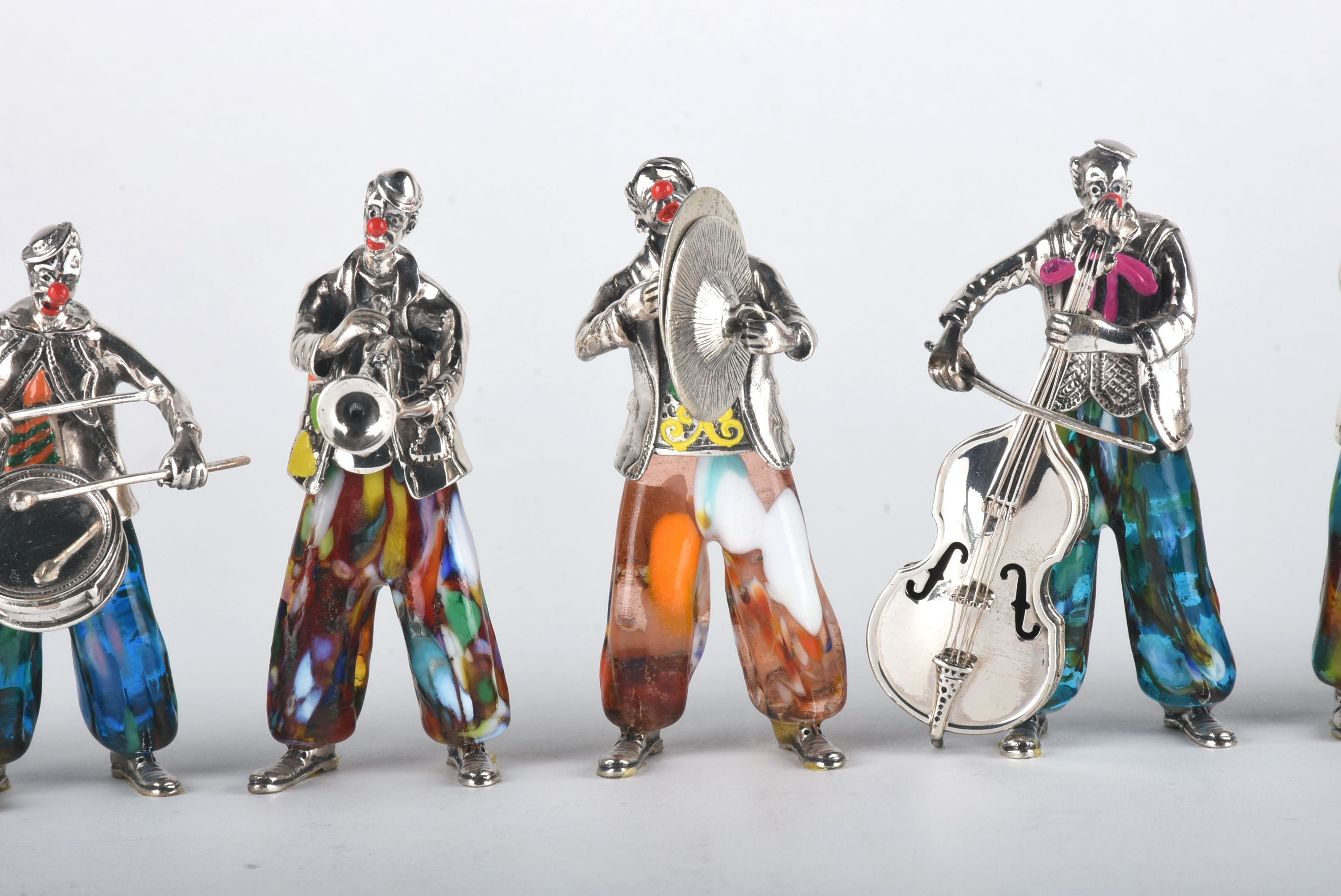 Vittorio Angini Sterling Silver and Murano Glass Clown Band Figurines