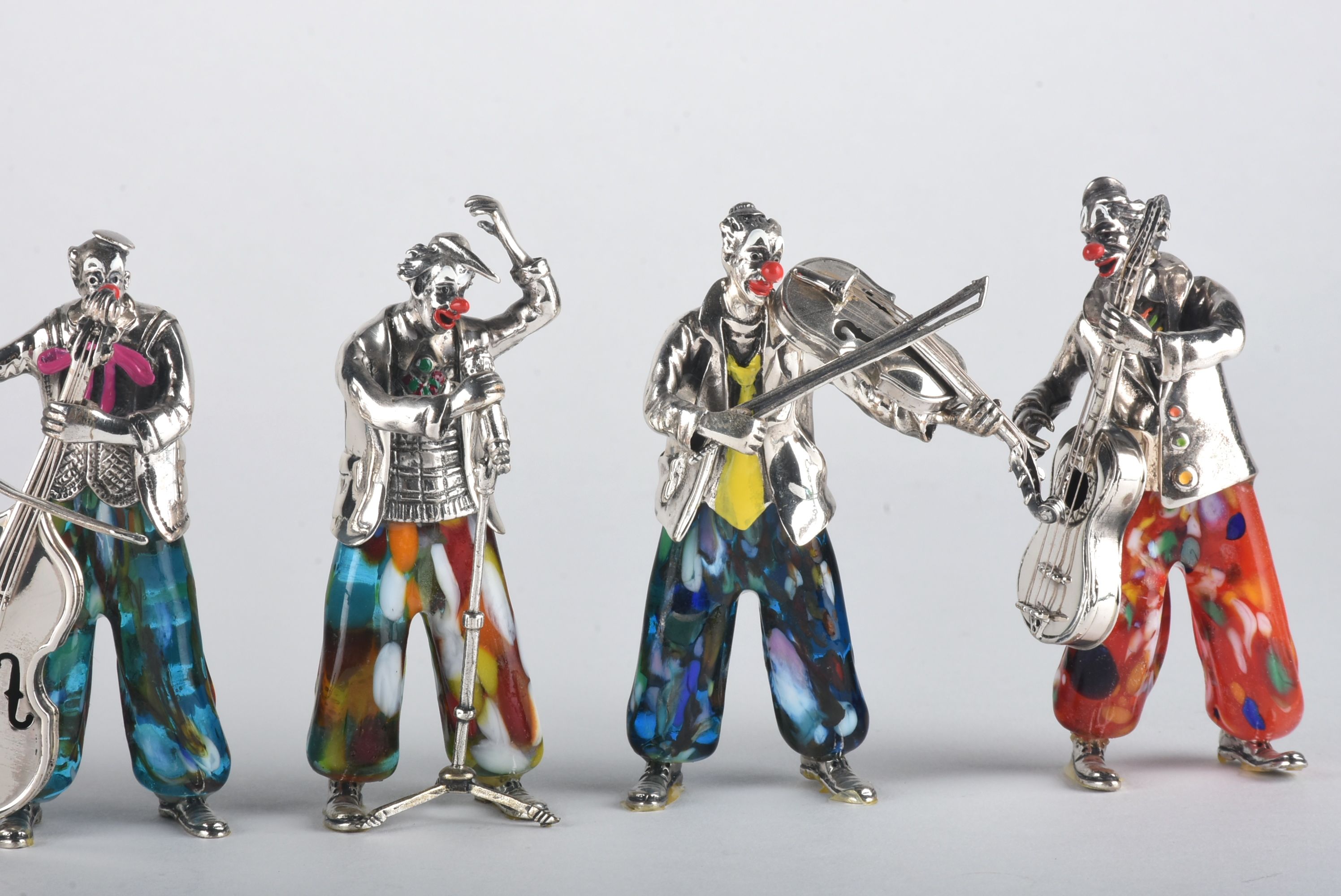 Vittorio Angini Sterling Silver and Murano Glass Clown Band Figurines