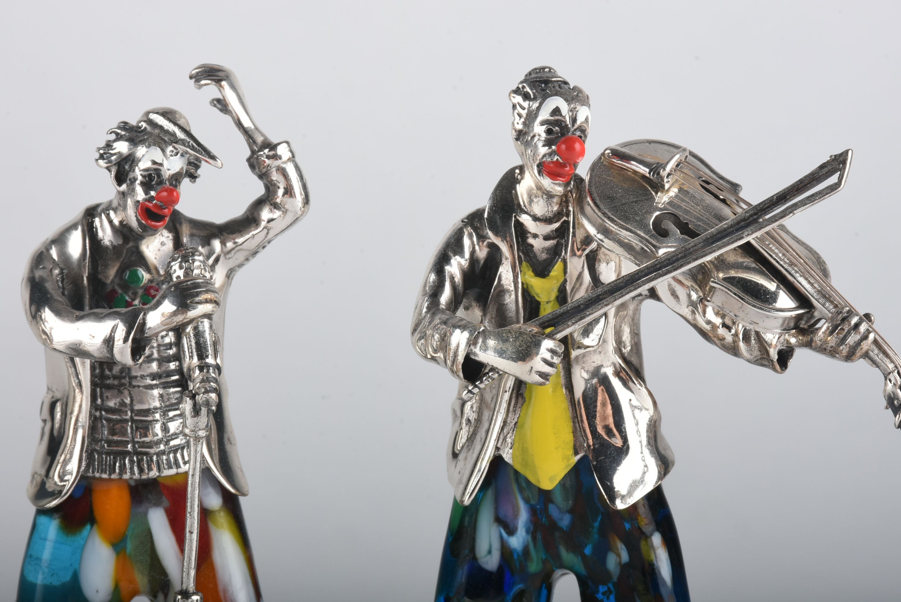 Vittorio Angini Sterling Silver and Murano Glass Clown Band Figurines