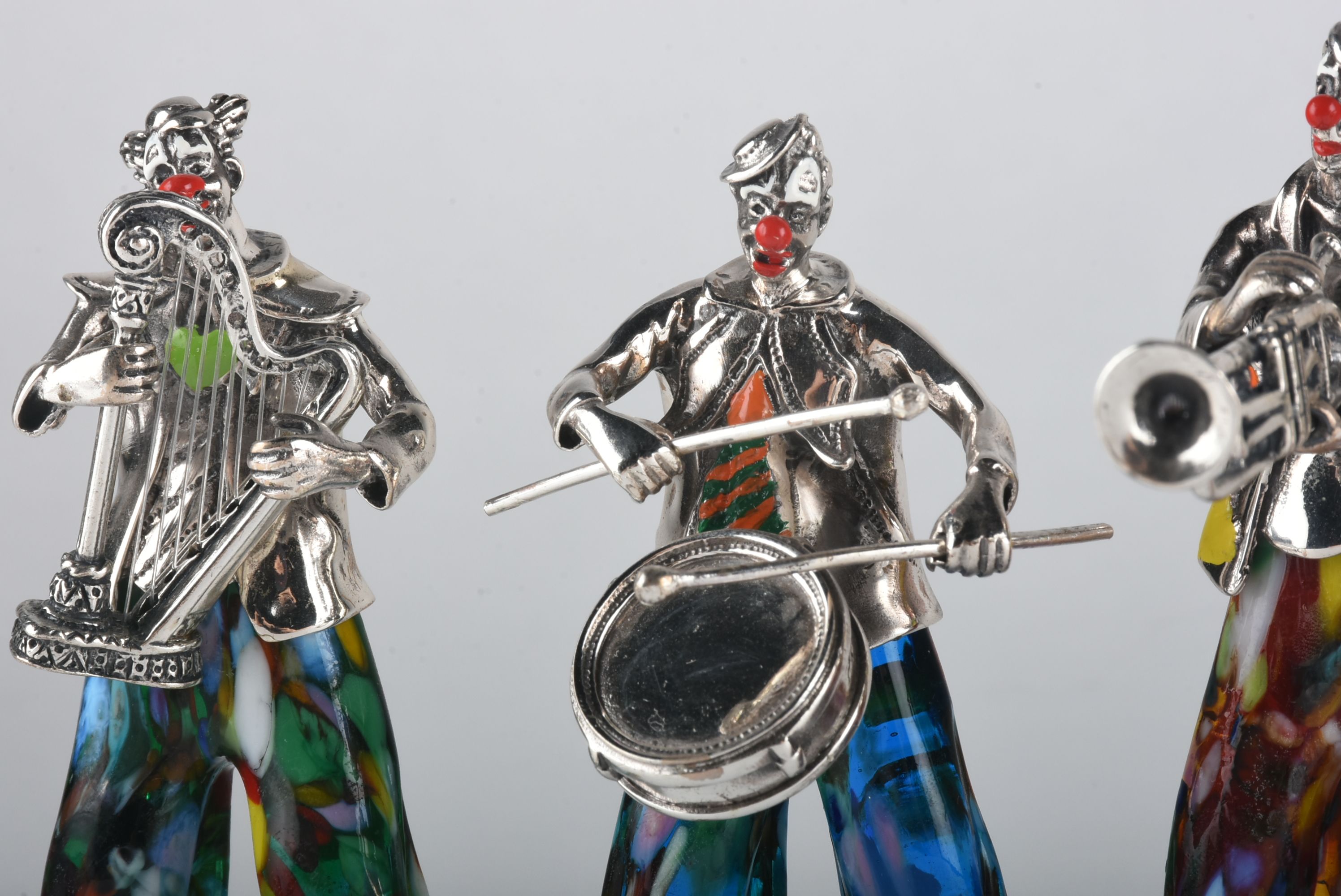 Vittorio Angini Sterling Silver and Murano Glass Clown Band Figurines