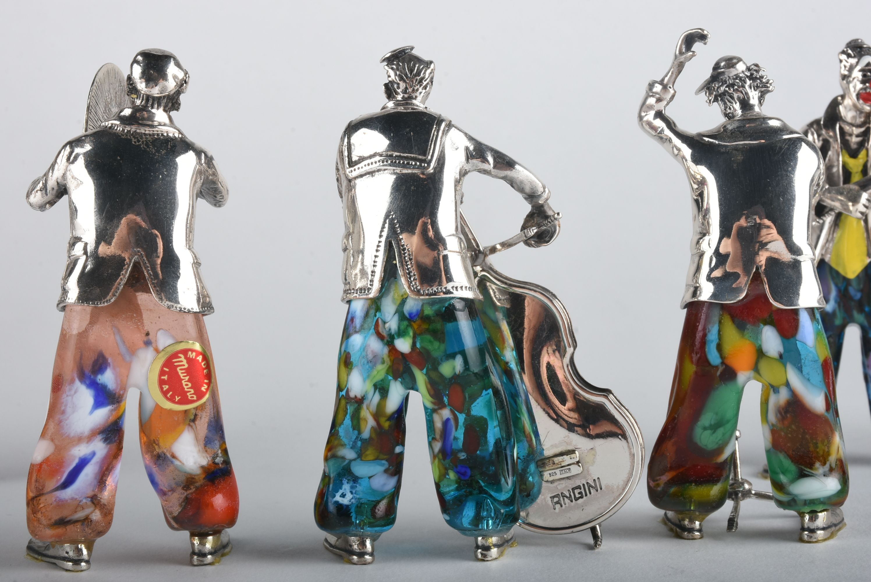 Vittorio Angini Sterling Silver and Murano Glass Clown Band Figurines