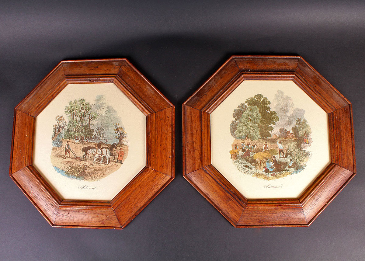 Two Pastoral Prints in Octagonal Frames