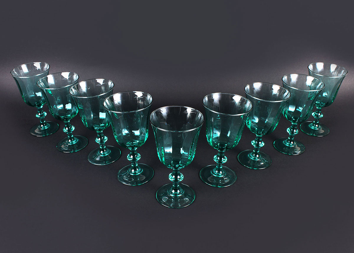 Nine Vintage Turquoise Glass Goblets