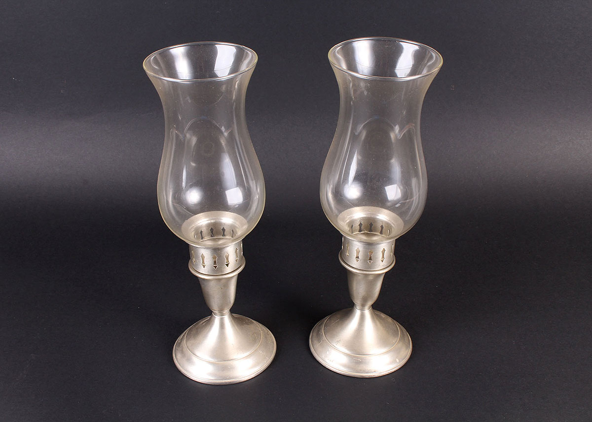 Pair of Poole Pewter Candleholders and Glass Hurricanes