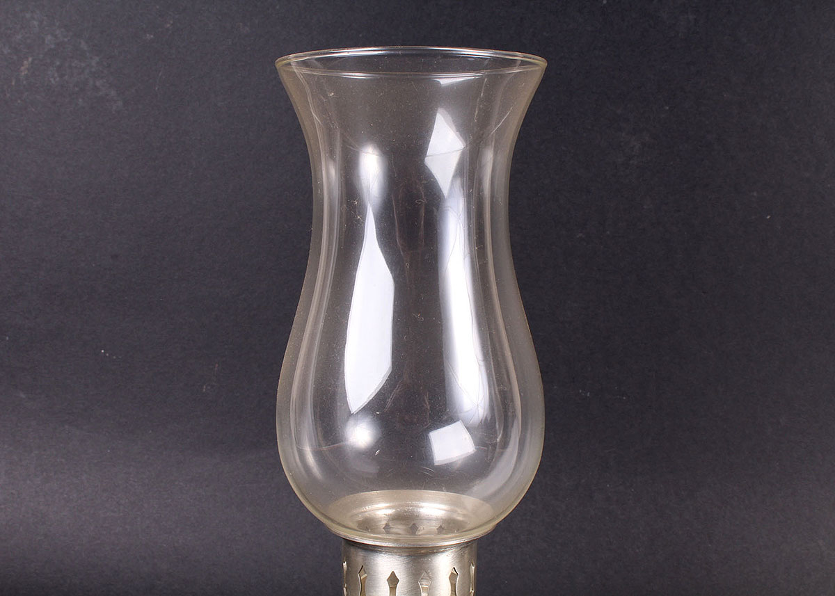 Pair of Poole Pewter Candleholders and Glass Hurricanes