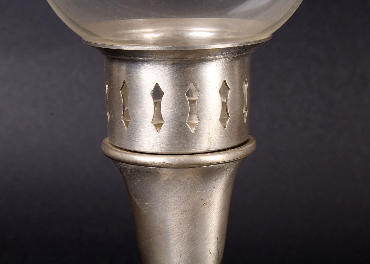 Pair of Poole Pewter Candleholders and Glass Hurricanes