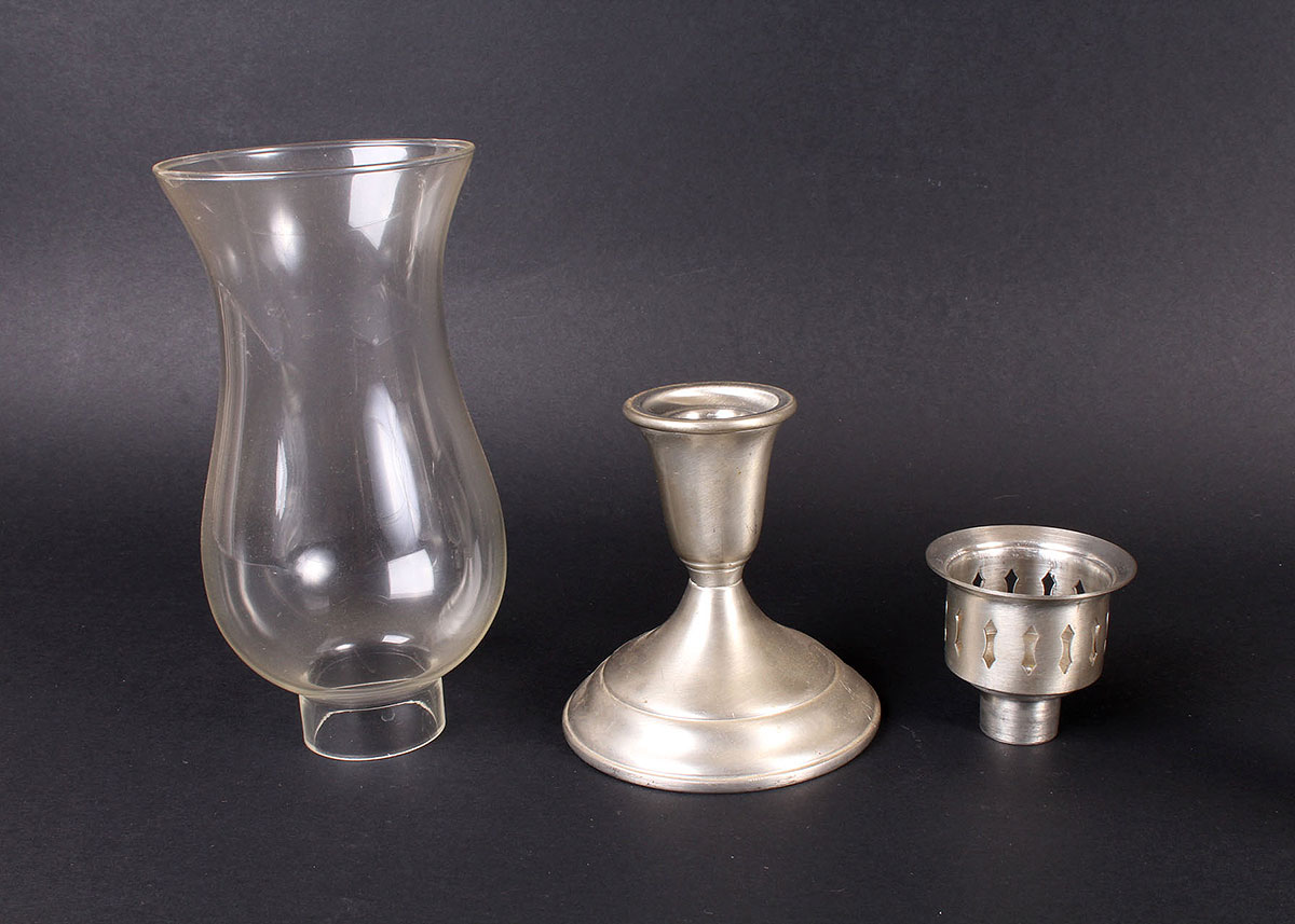 Pair of Poole Pewter Candleholders and Glass Hurricanes