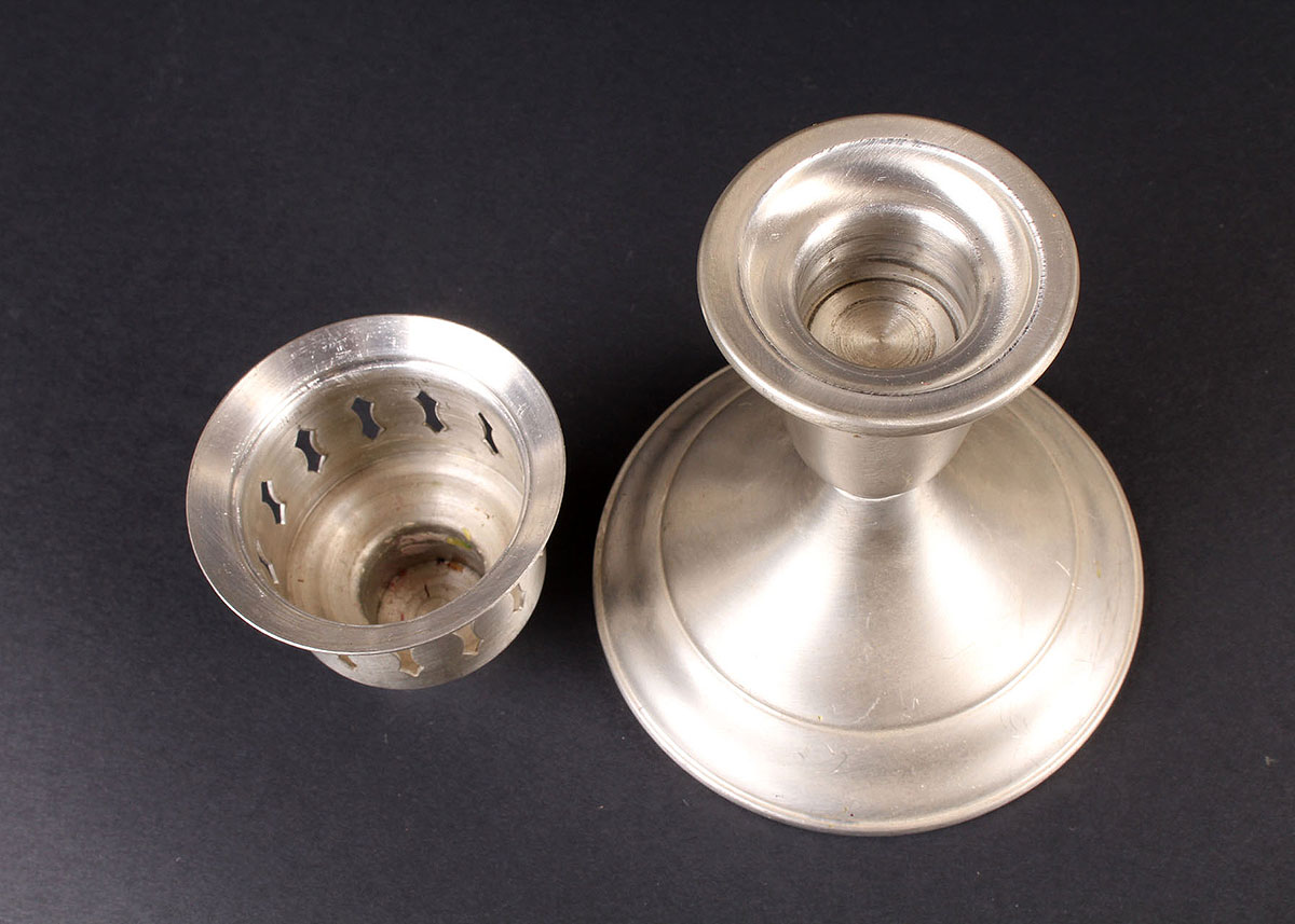 Pair of Poole Pewter Candleholders and Glass Hurricanes