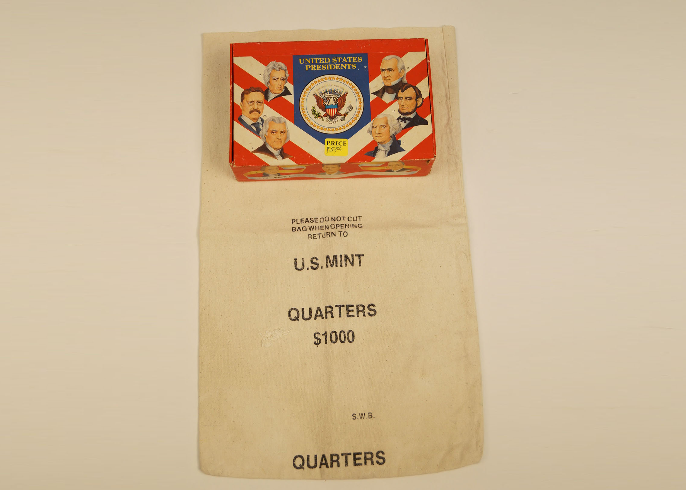 Vintage Set of President's Pencil Box and Old Quarter Sack