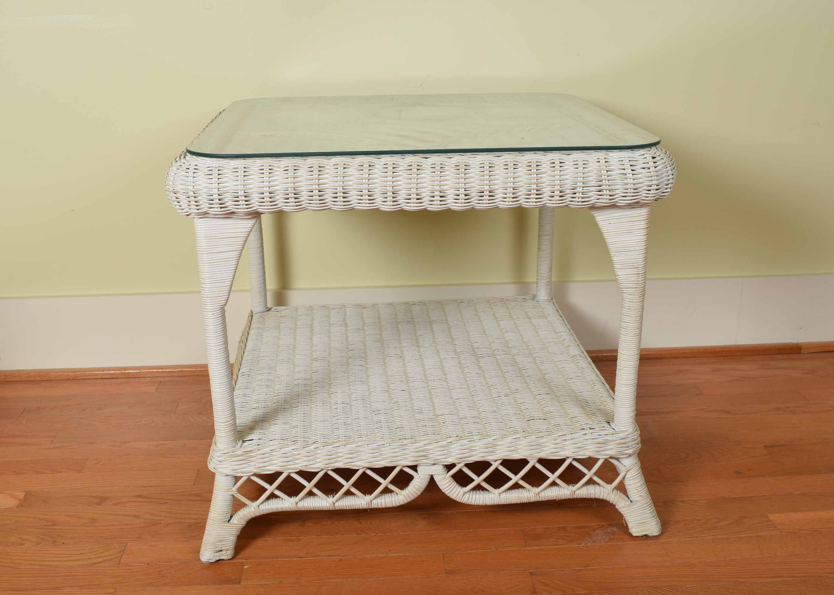 White Wicker and Glass Side Table
