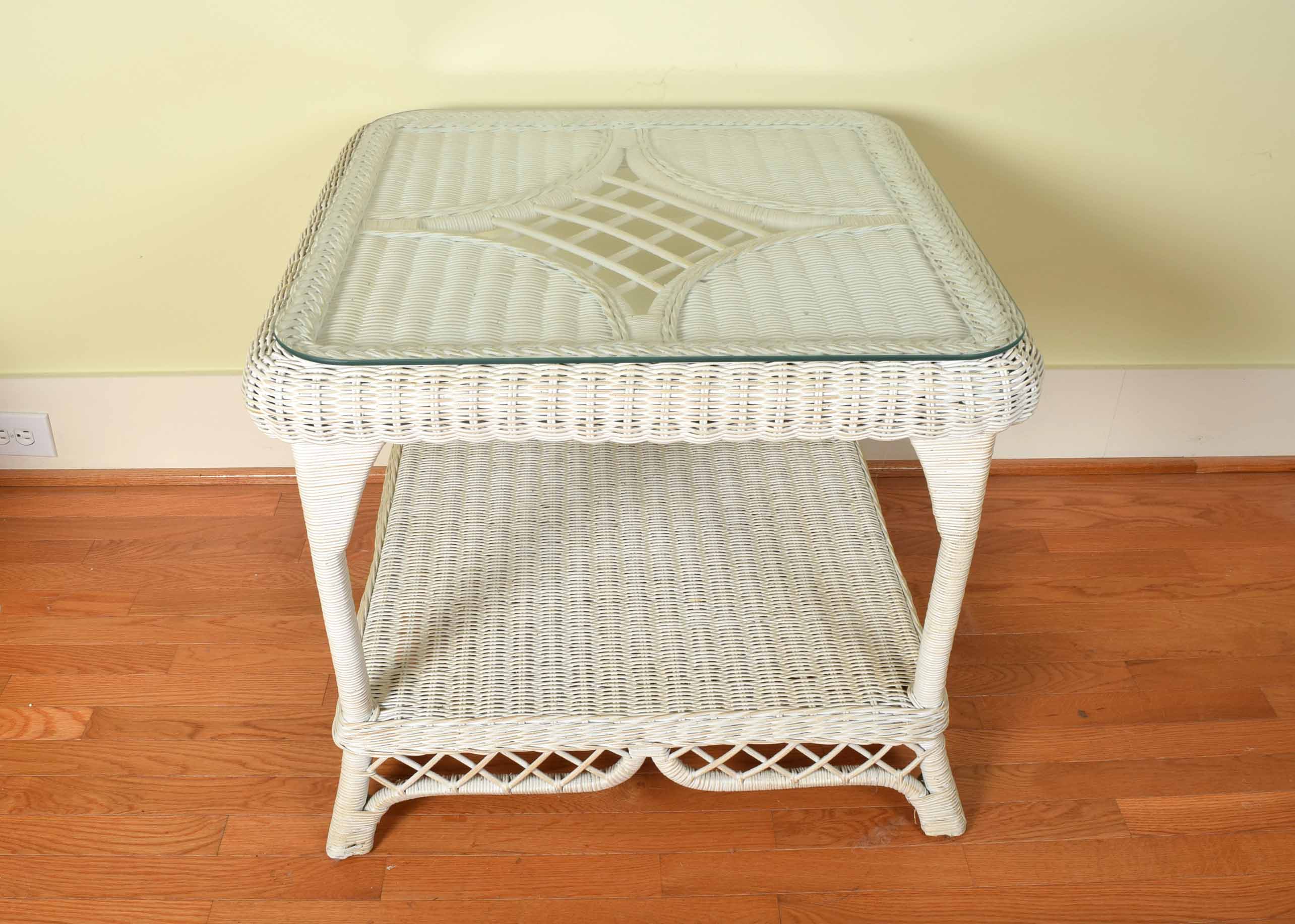 White Wicker and Glass Side Table