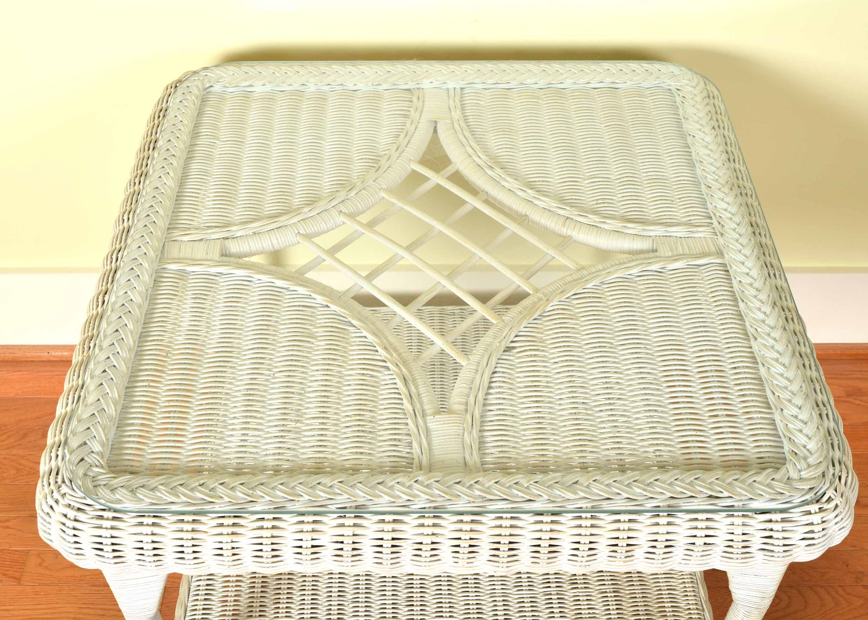 White Wicker and Glass Side Table