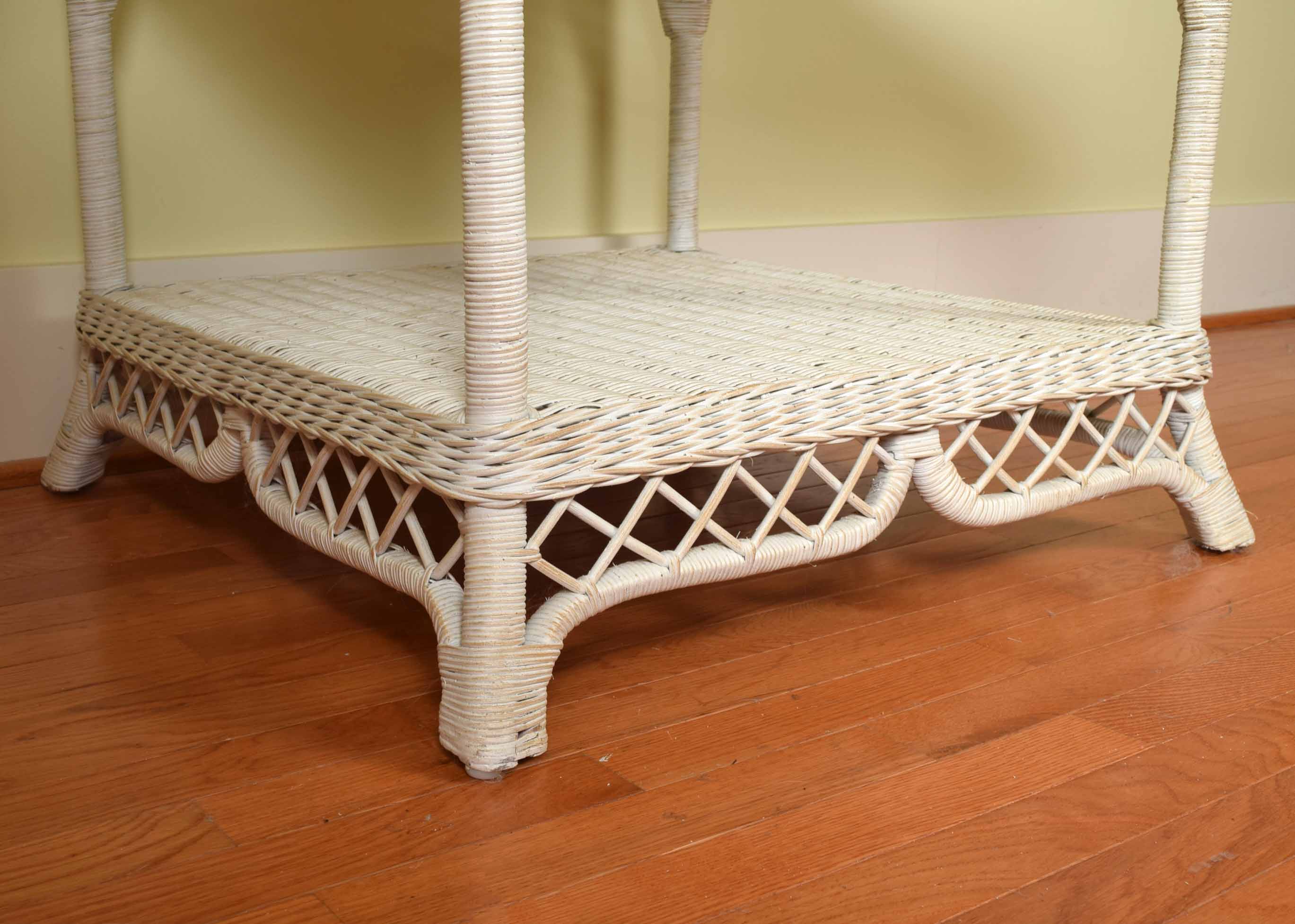 White Wicker and Glass Side Table