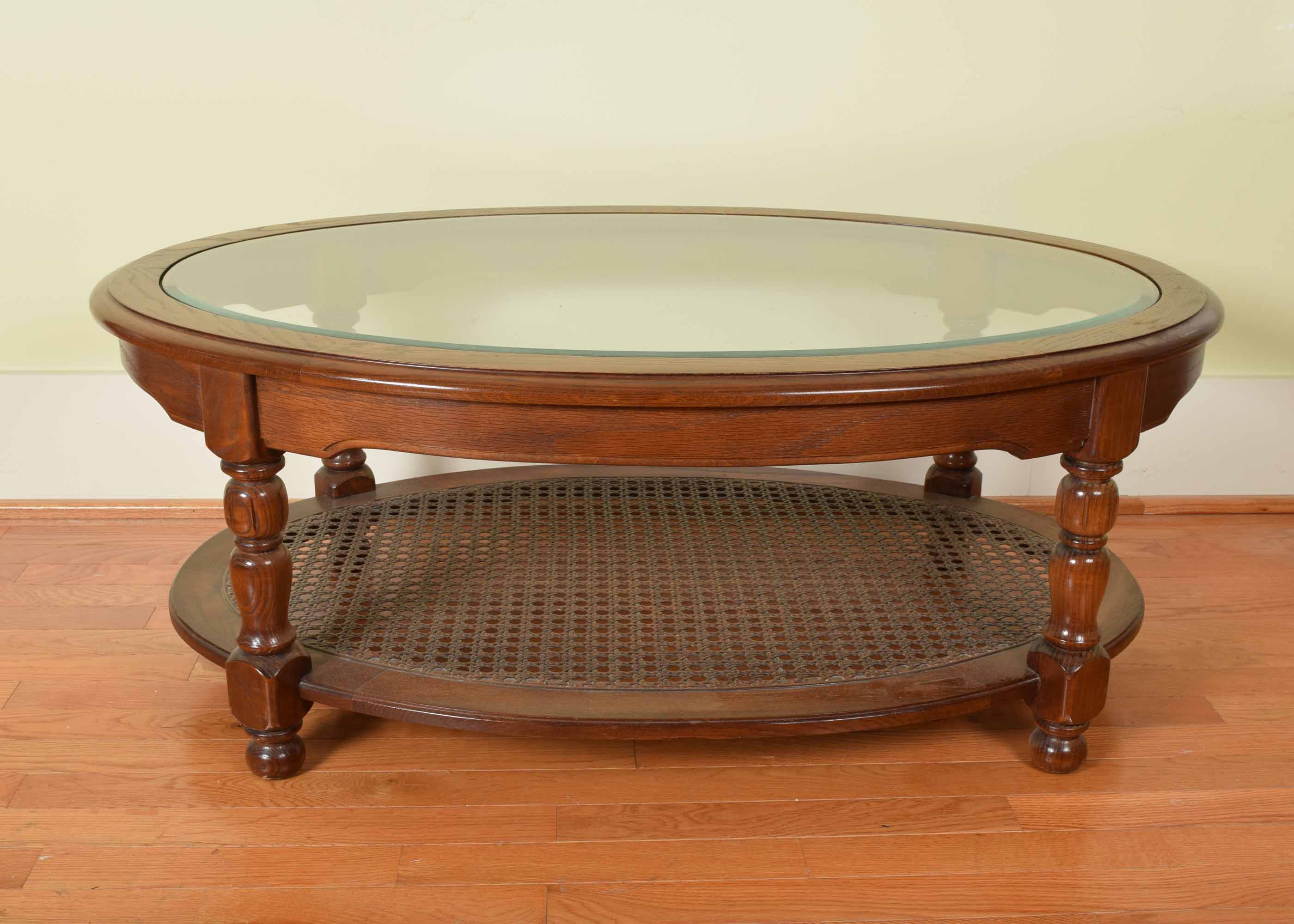 Cane and Glass Oval Cocktail Table