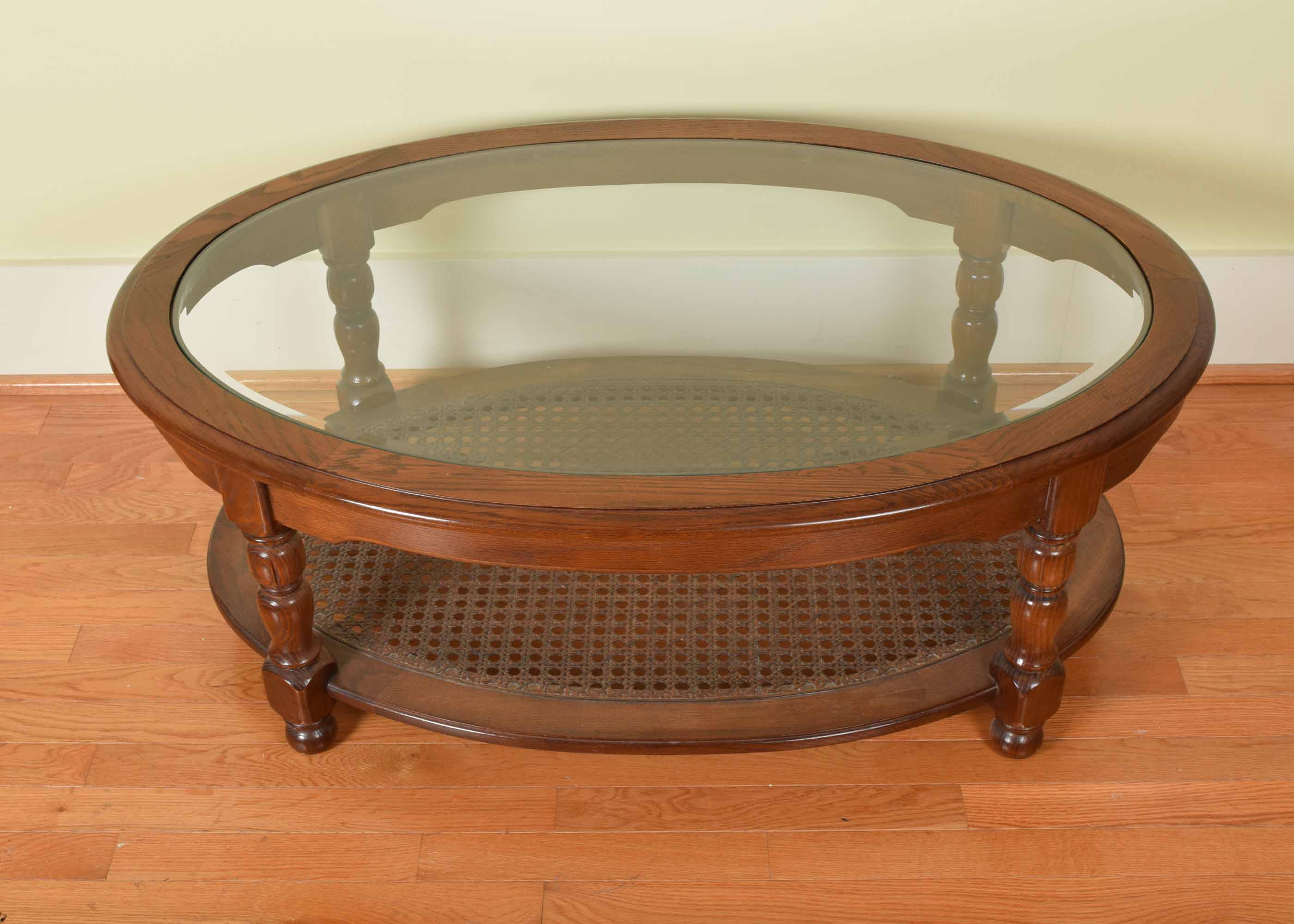 Cane and Glass Oval Cocktail Table