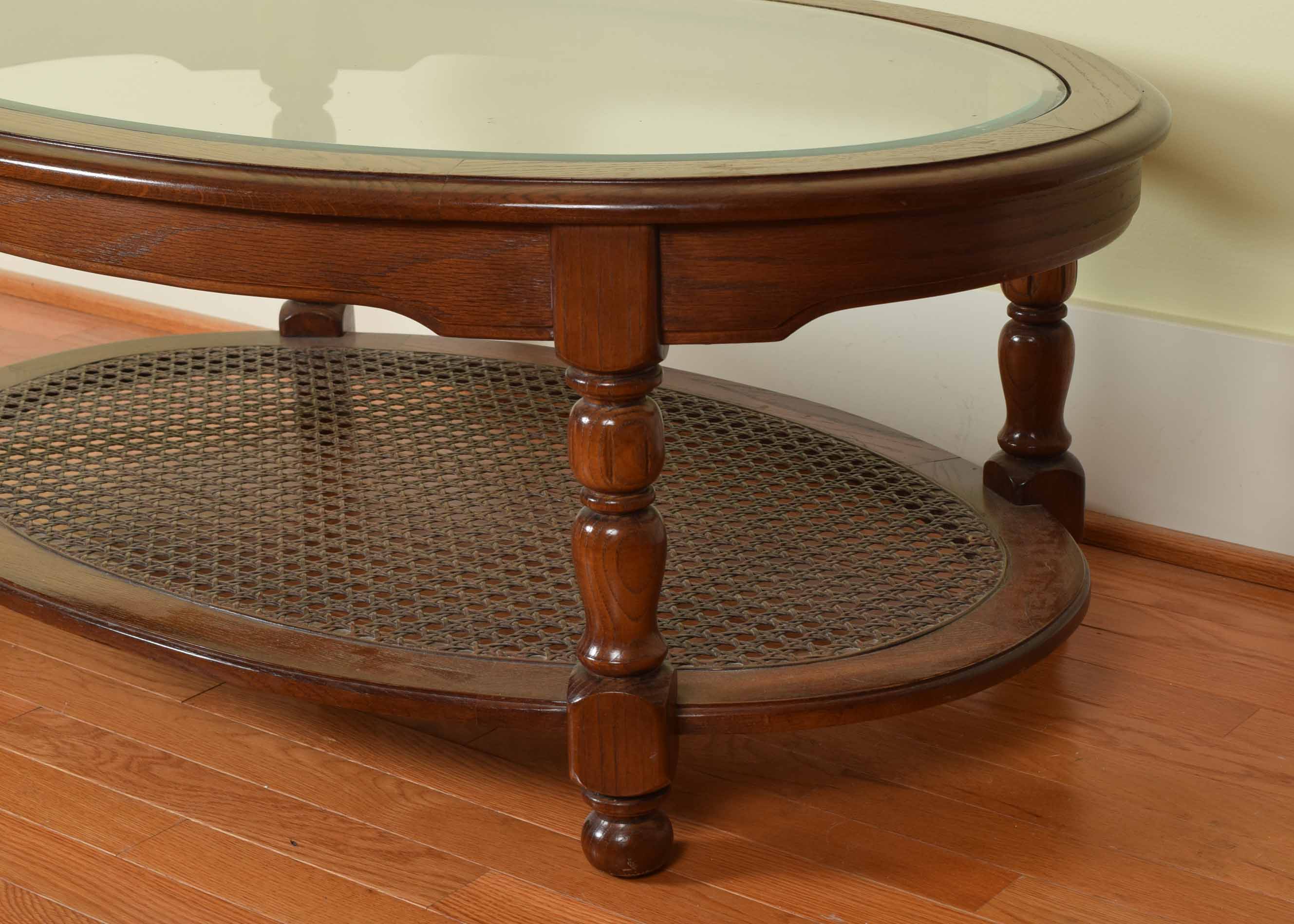 Cane and Glass Oval Cocktail Table