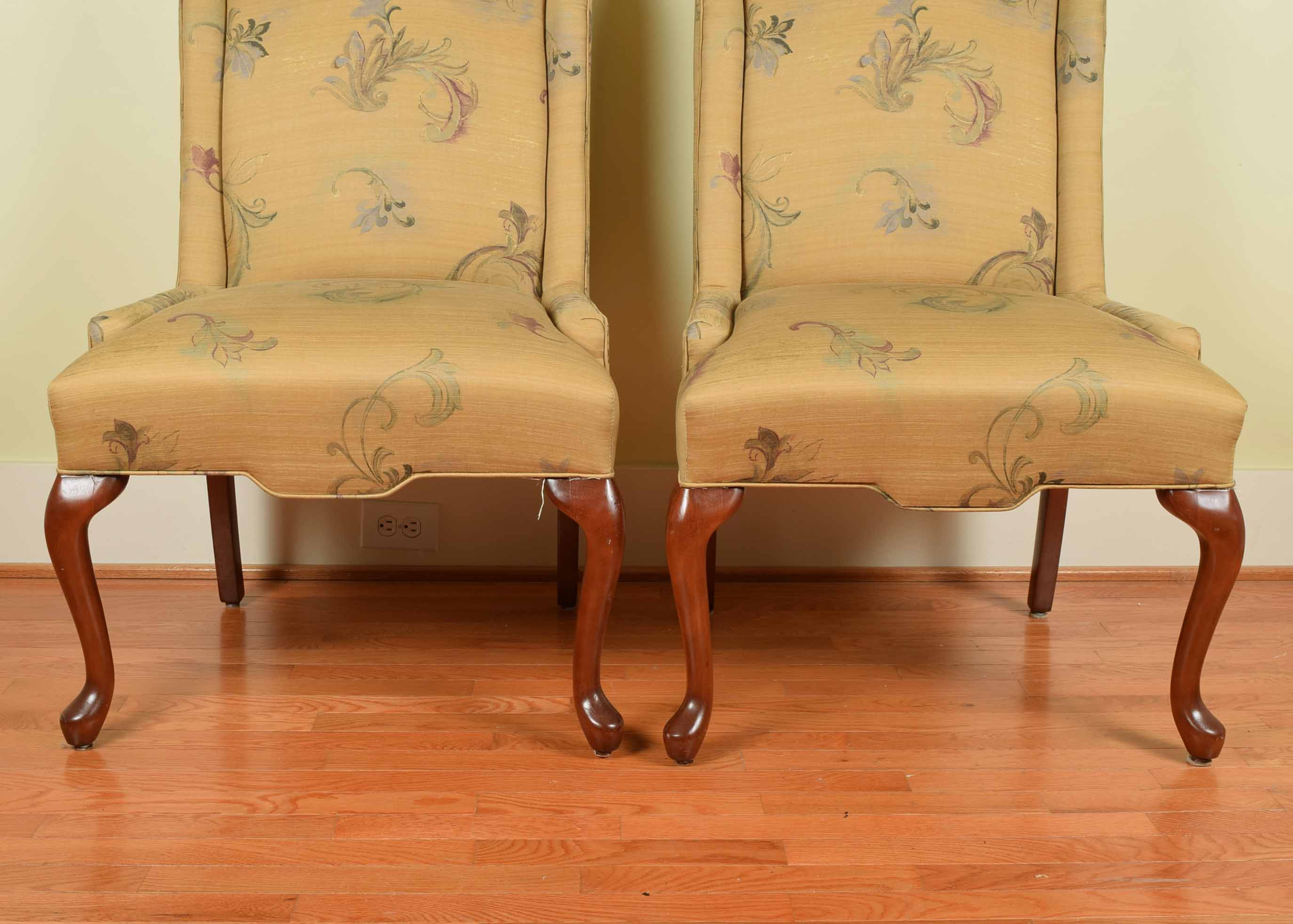 Pair of Upholstered Queen Anne Style Wing Chairs