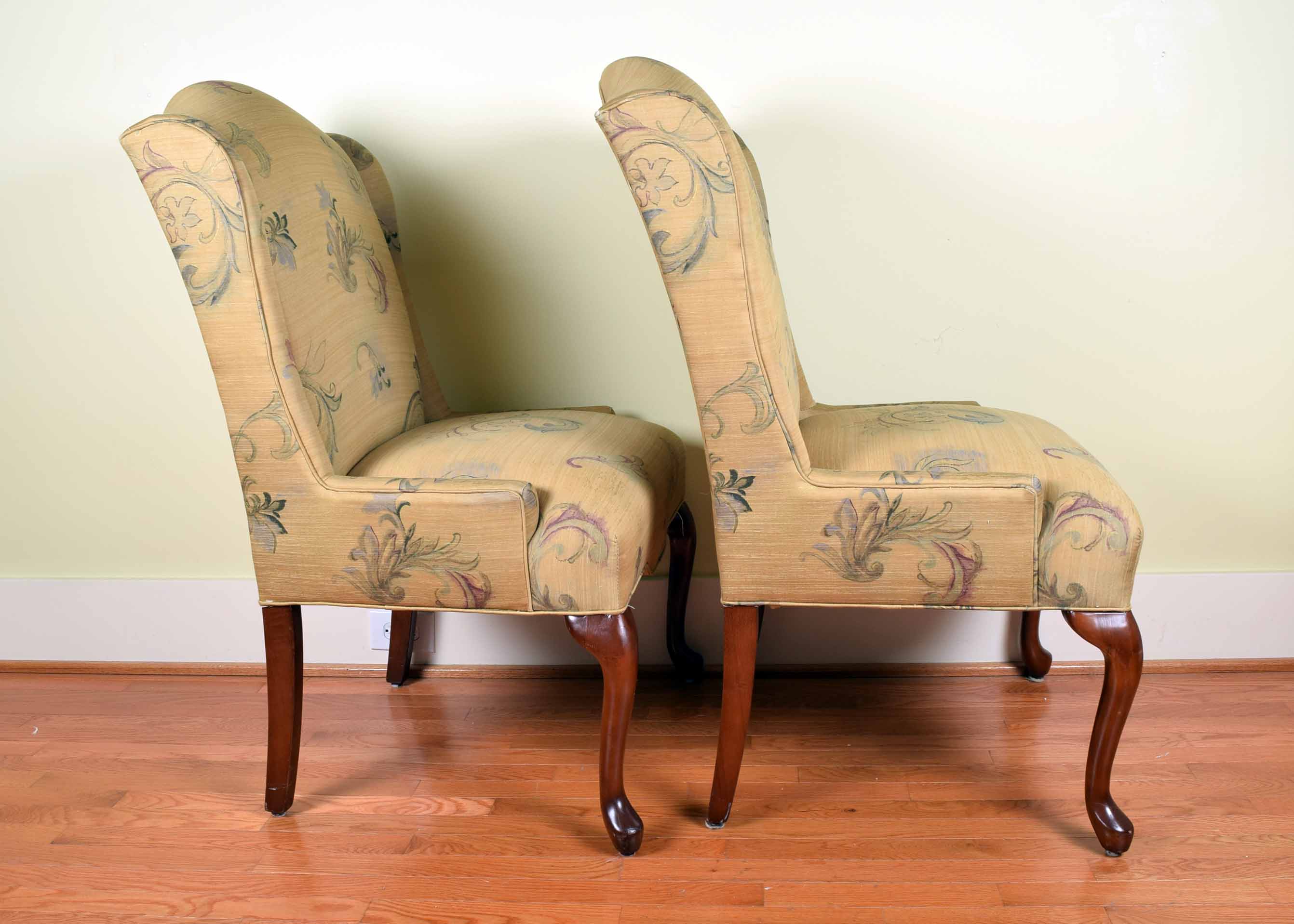 Pair of Upholstered Queen Anne Style Wing Chairs
