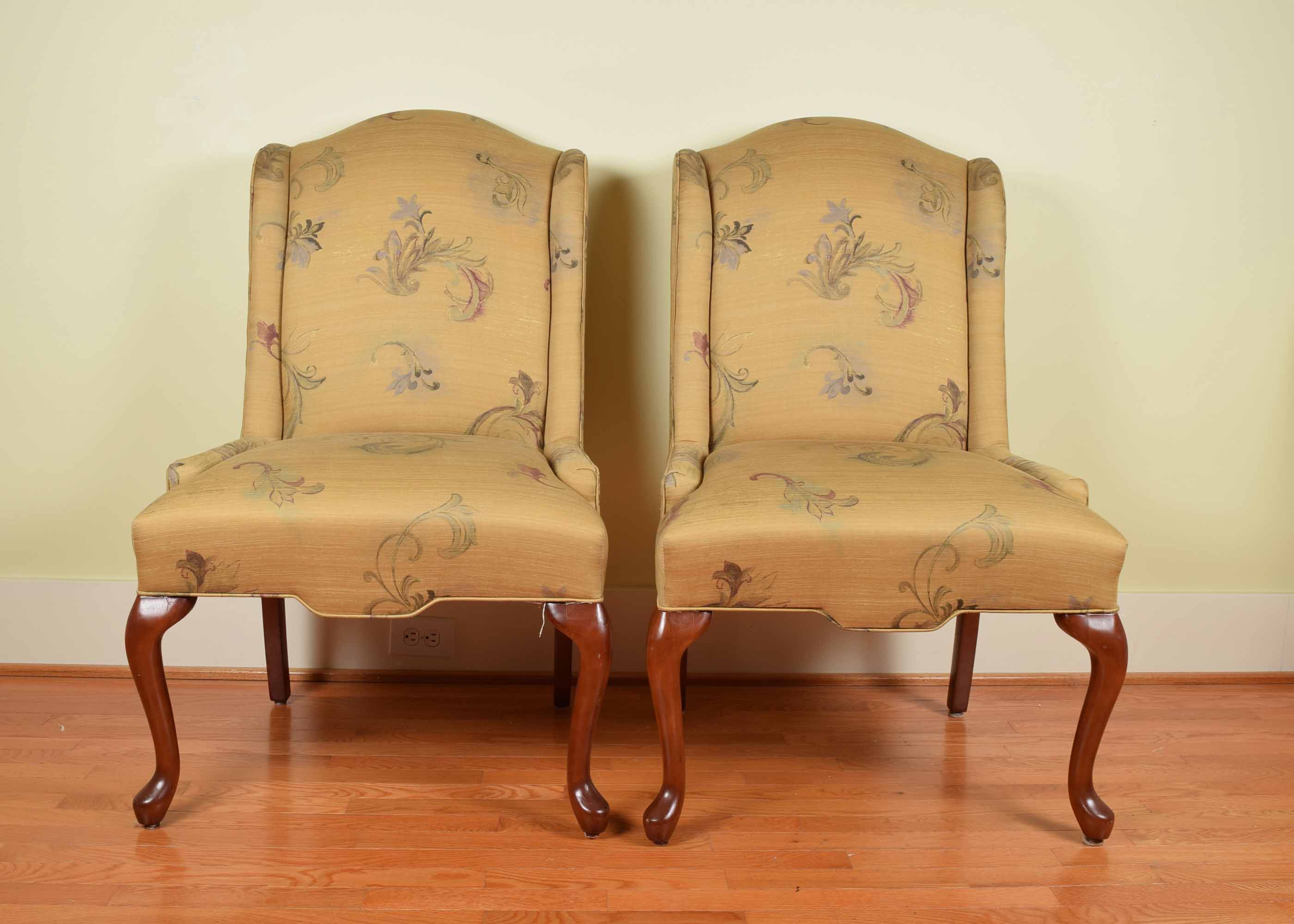 Pair of Upholstered Queen Anne Style Wingchair