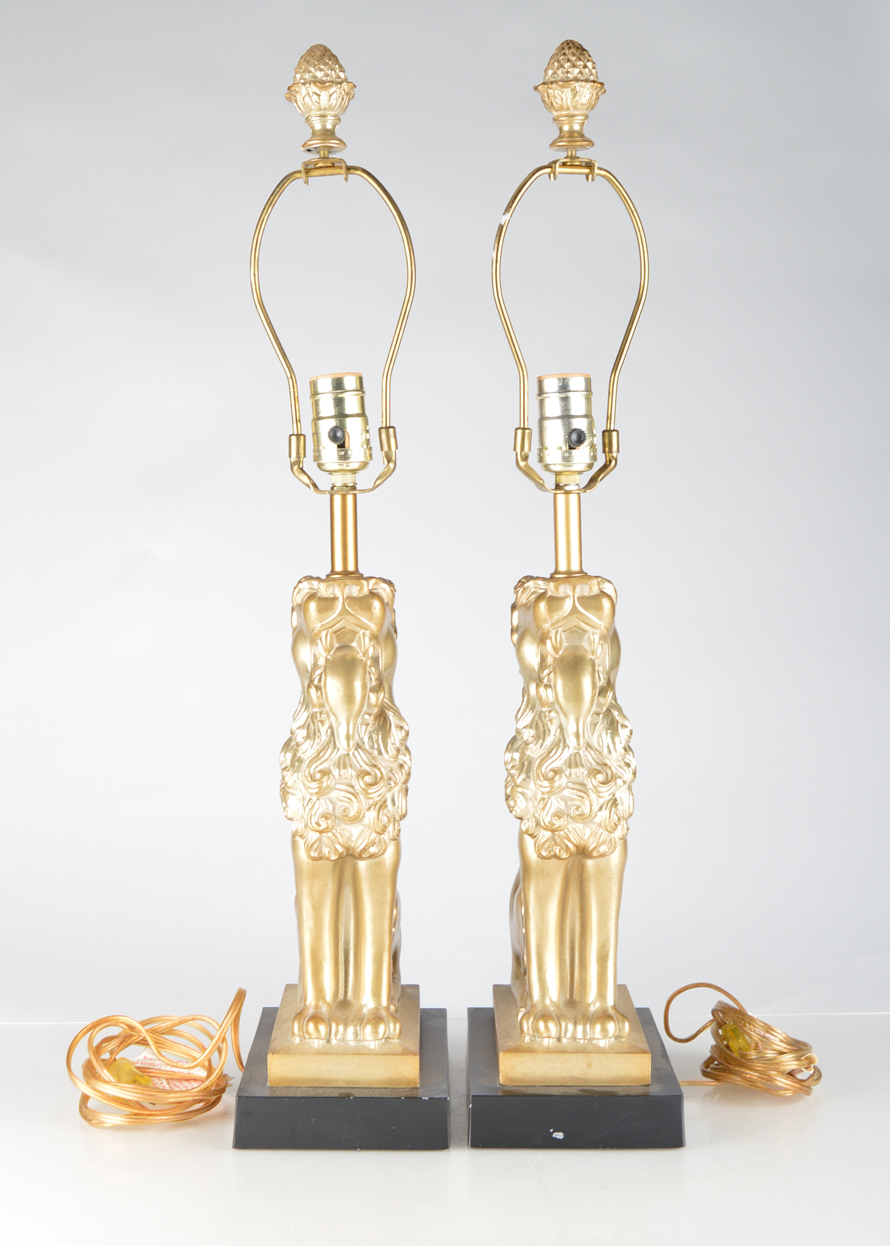 Pair of Gold Tone Lion Lamps