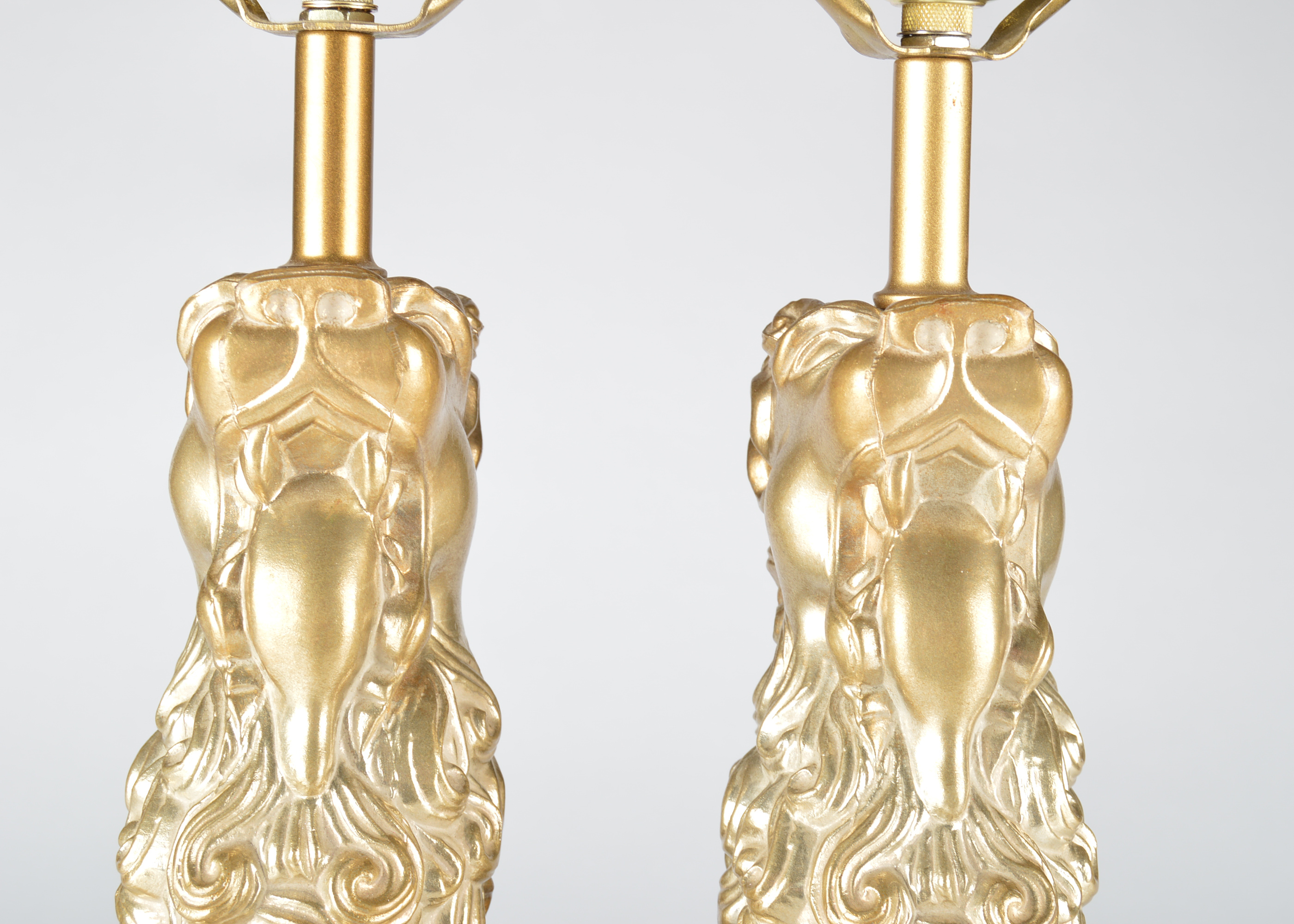 Pair of Gold Tone Lion Lamps