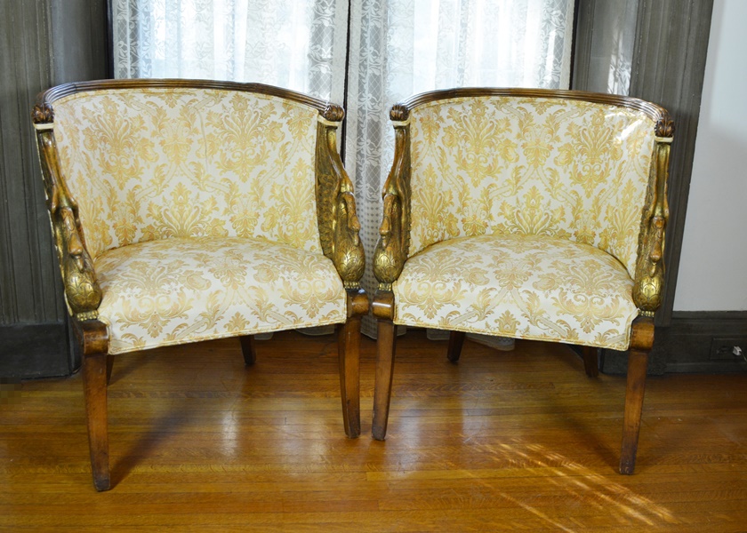 Pair of Beautiful Empire Style Swan Arm Barrel Chairs