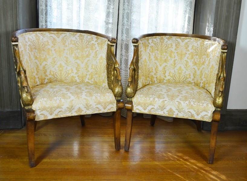 Pair of Beautiful Empire Style Swan Arm Barrel Chairs