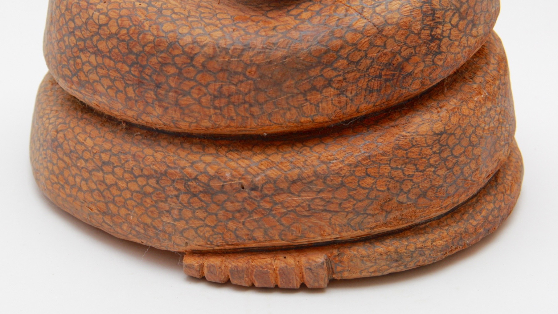 Hand-carved Pyrogravure Coiled Rattlesnake Sculpture