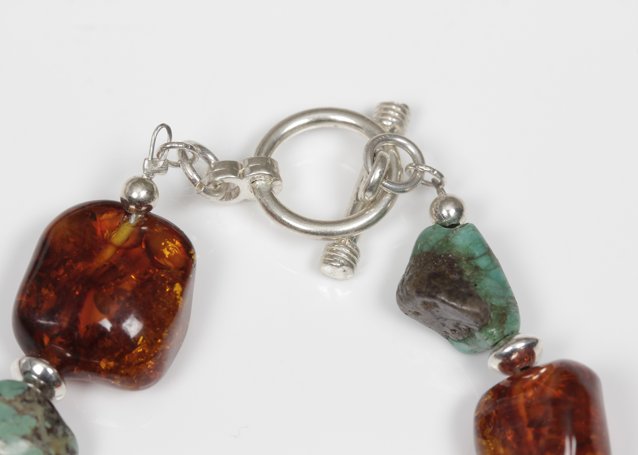Amber and Turquoise Bracelet with Sterling Silver Clasp