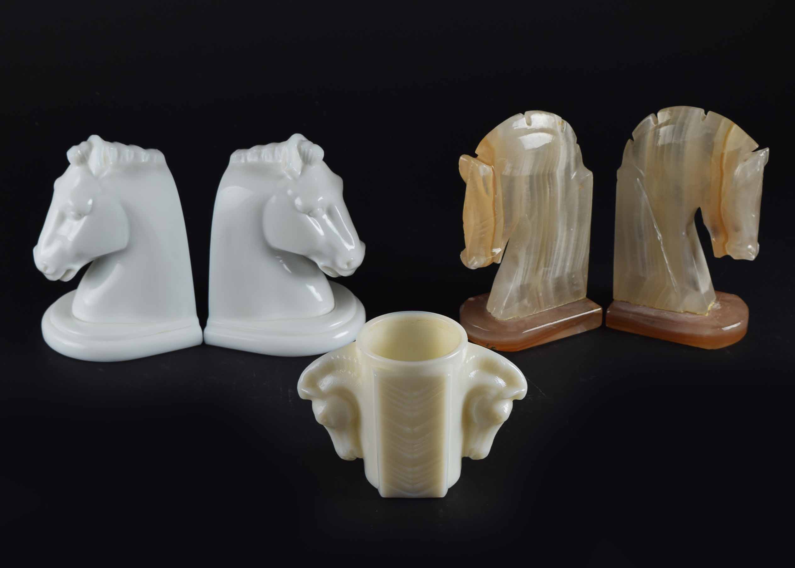 Horse Head Bookends and Vintage Milk Glass Art Deco Horse Heads Cup