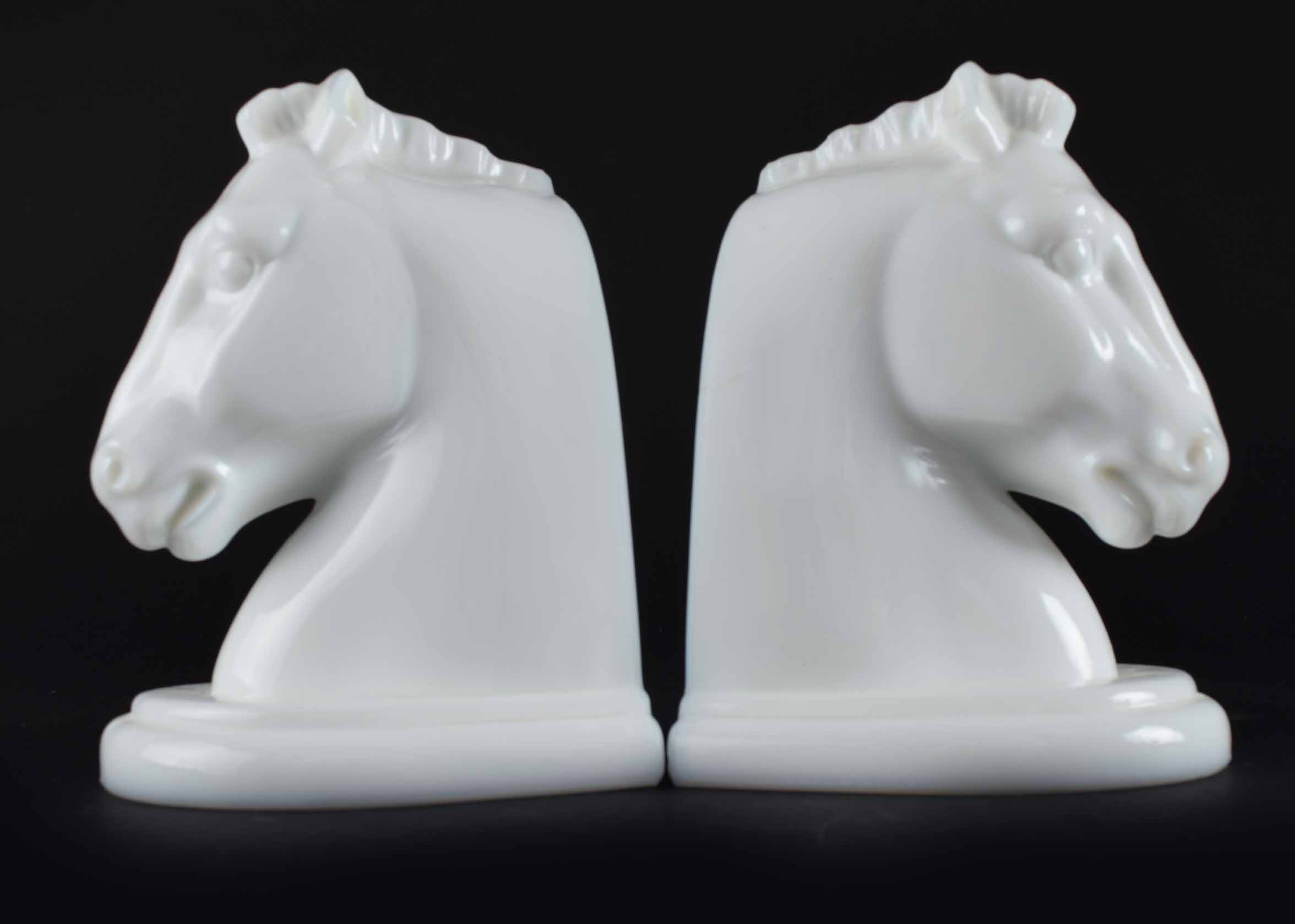 Horse Head Bookends and Vintage Milk Glass Art Deco Horse Heads Cup