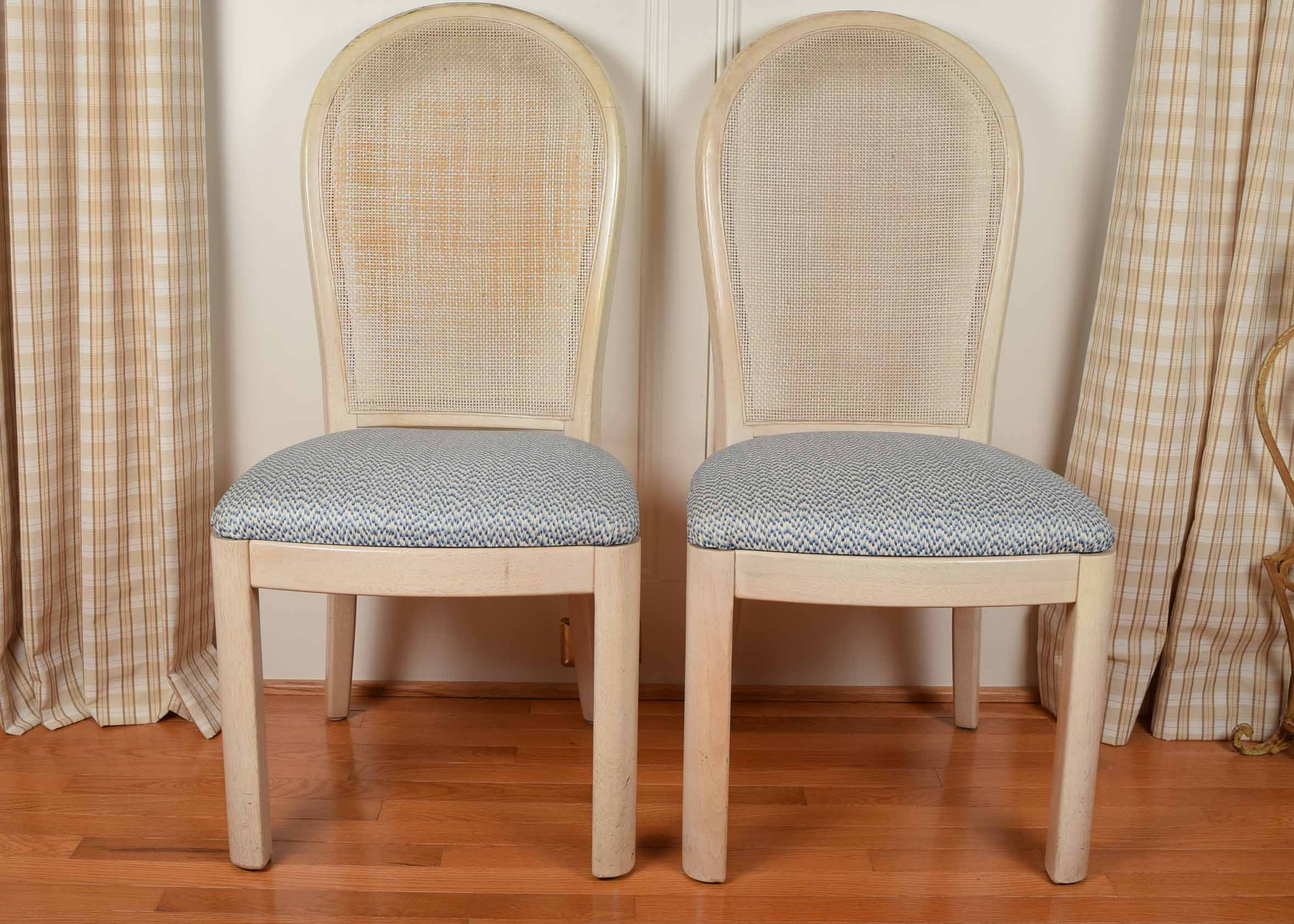 Pair of Pickled Oak Cane Back Upholstered Seat Chairs