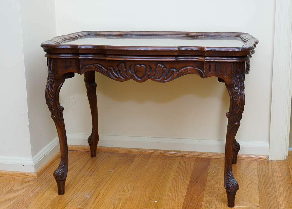 Glass Top Mahogany Accent Table with Intricate Inlays