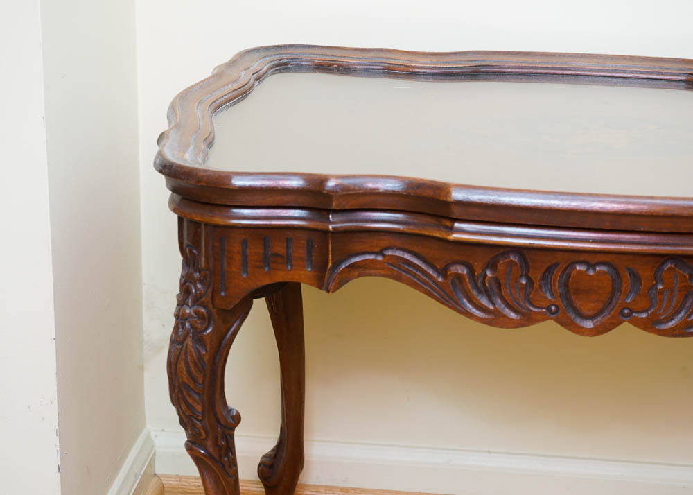 Glass Top Mahogany Accent Table with Intricate Inlays