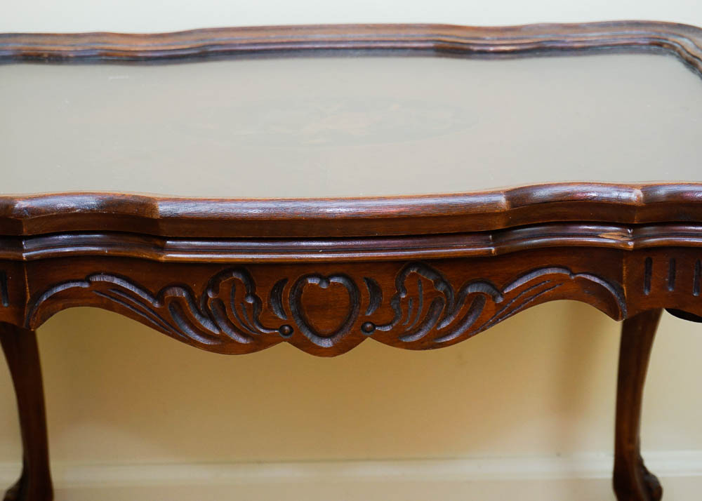 Glass Top Mahogany Accent Table with Intricate Inlays